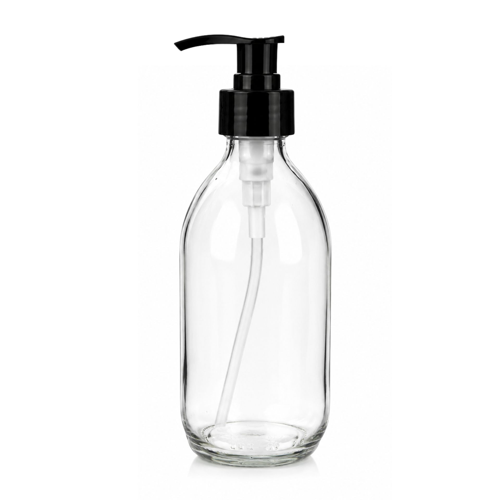 Transparenter 250-ml-Seifenspender aus Kunststoff mit schwarzem Pumpspender, vor weißem Hintergrund.