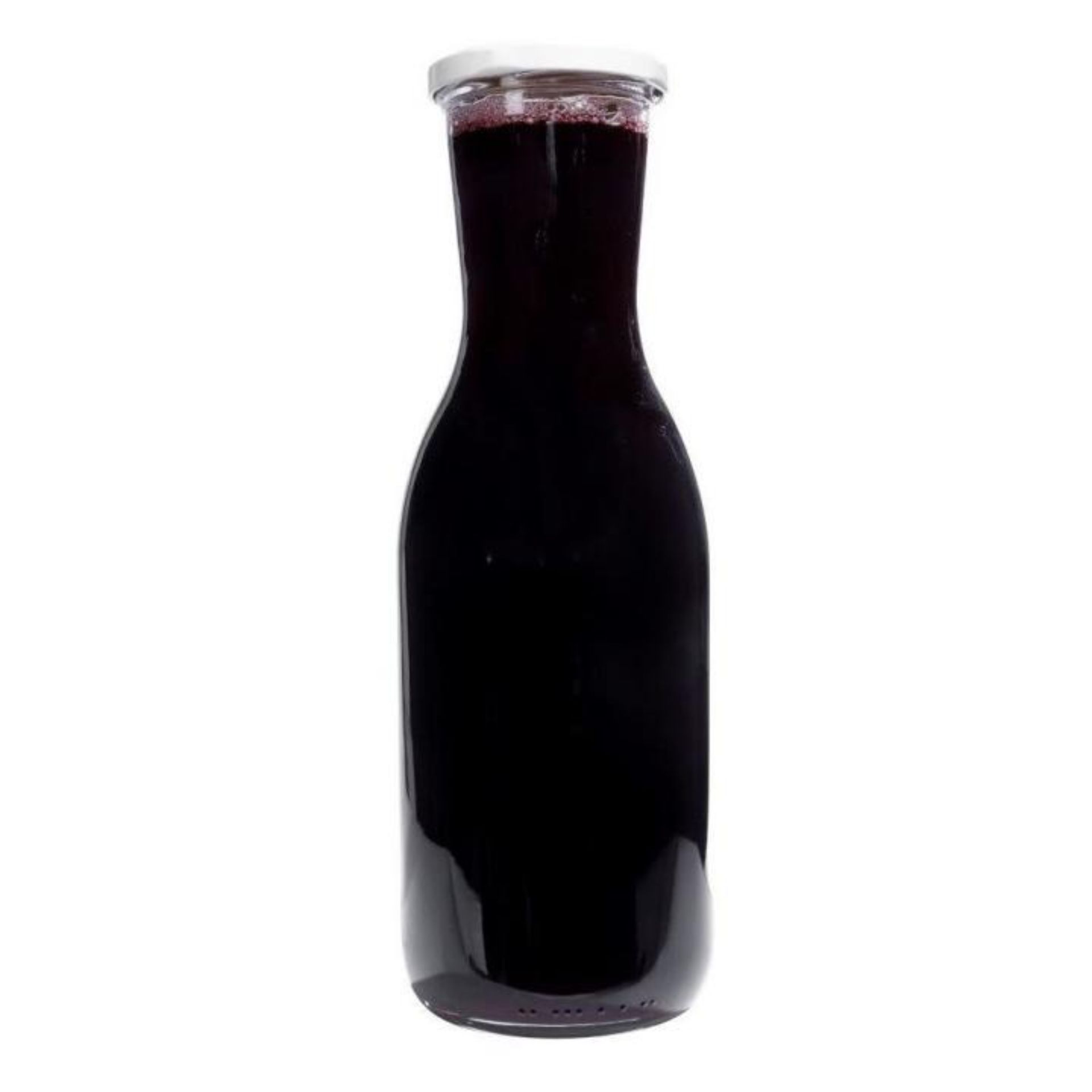 Klarglasflasche mit weitem Hals, Fassungsvermögen 1 Liter, stehend auf weißem Hintergrund.