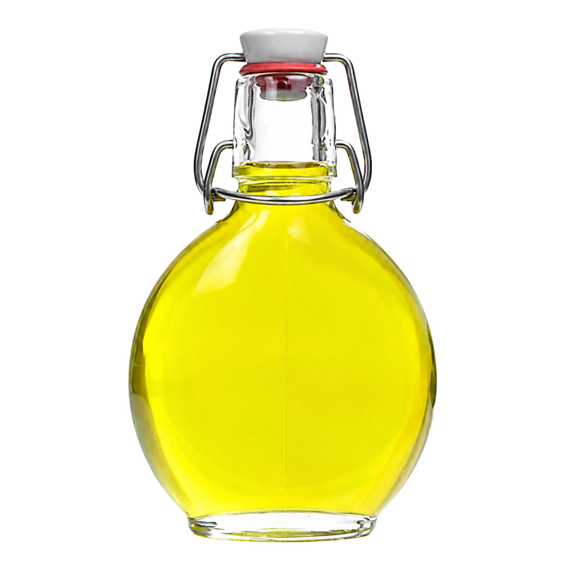 Sechs Flaschen aus Glas mit verschiedenen Verschlüssen auf weißem Hintergrund, dargestellt in hochauflösender PNG-Datei für Online-Marketing und Verpackungsdesign.