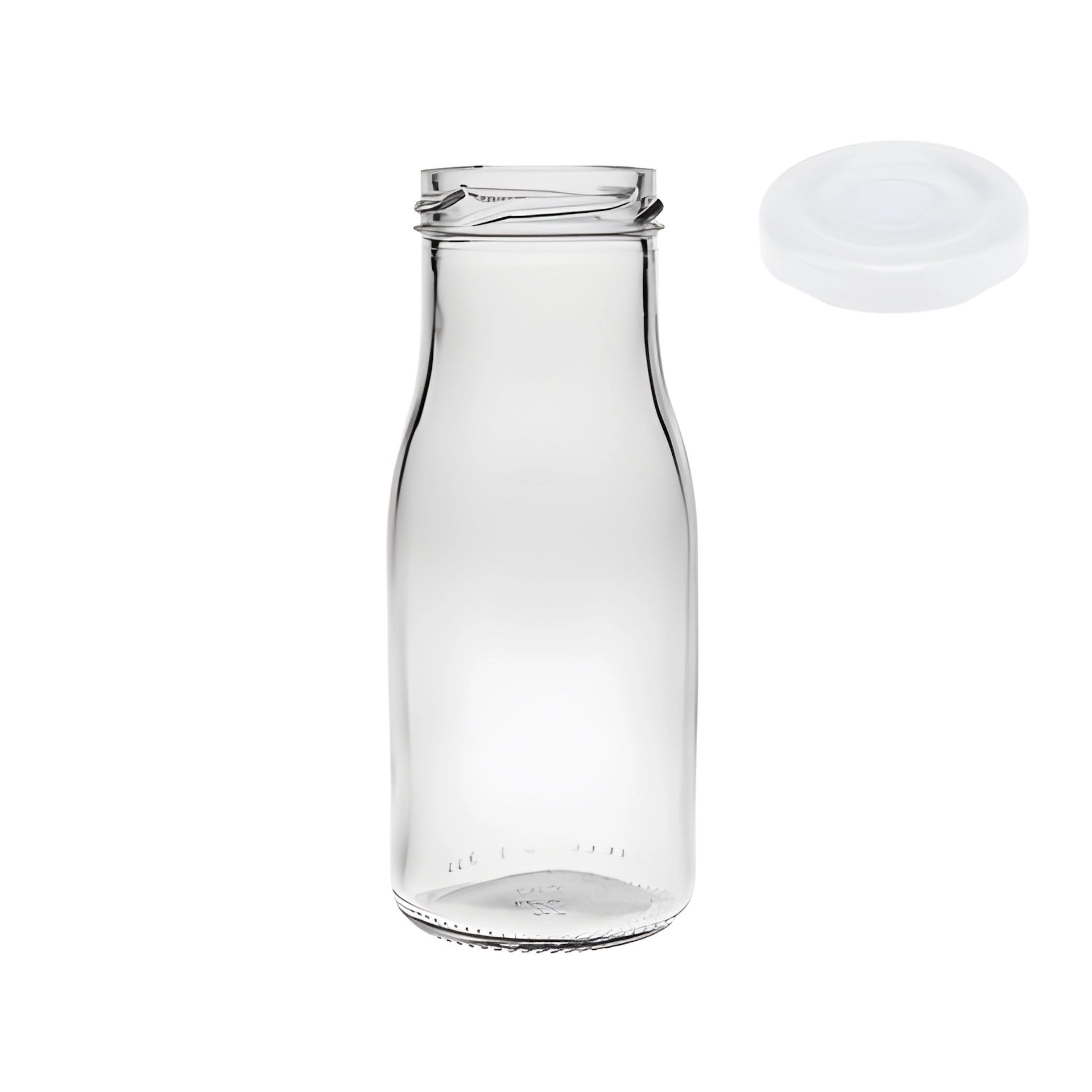 Leere, klare Glasflasche mit 156 ml Fassungsvermögen in Milchflaschenform; daneben drei Schraubdeckel in Gold, Silber und Schwarz zur Auswahl, auf weißem Hintergrund.