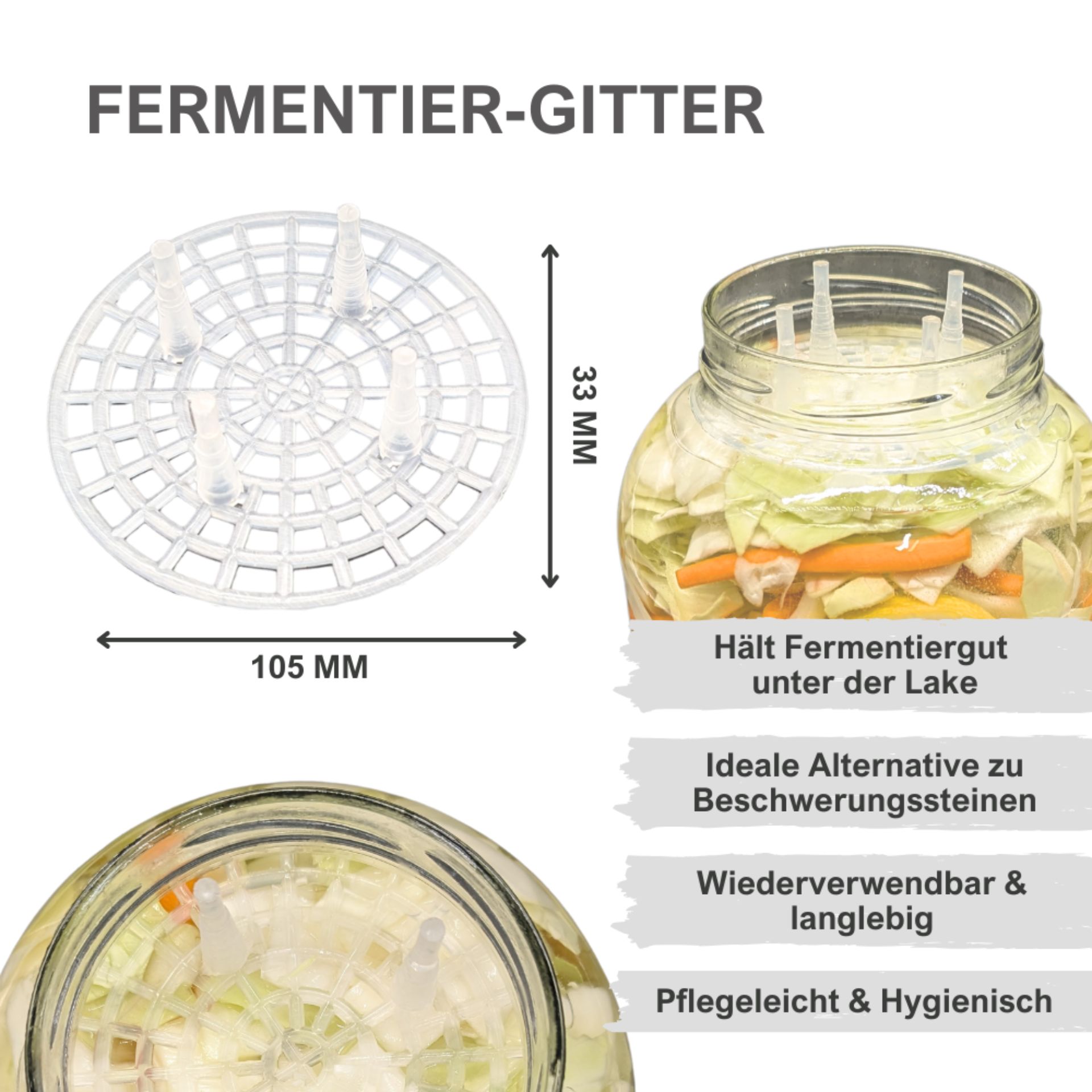 Rundes Fermentiergitter aus durchsichtigem Kunststoff mit mehreren Schlitzen und vier erhöhten Füßen, auf weißem Hintergrund.
