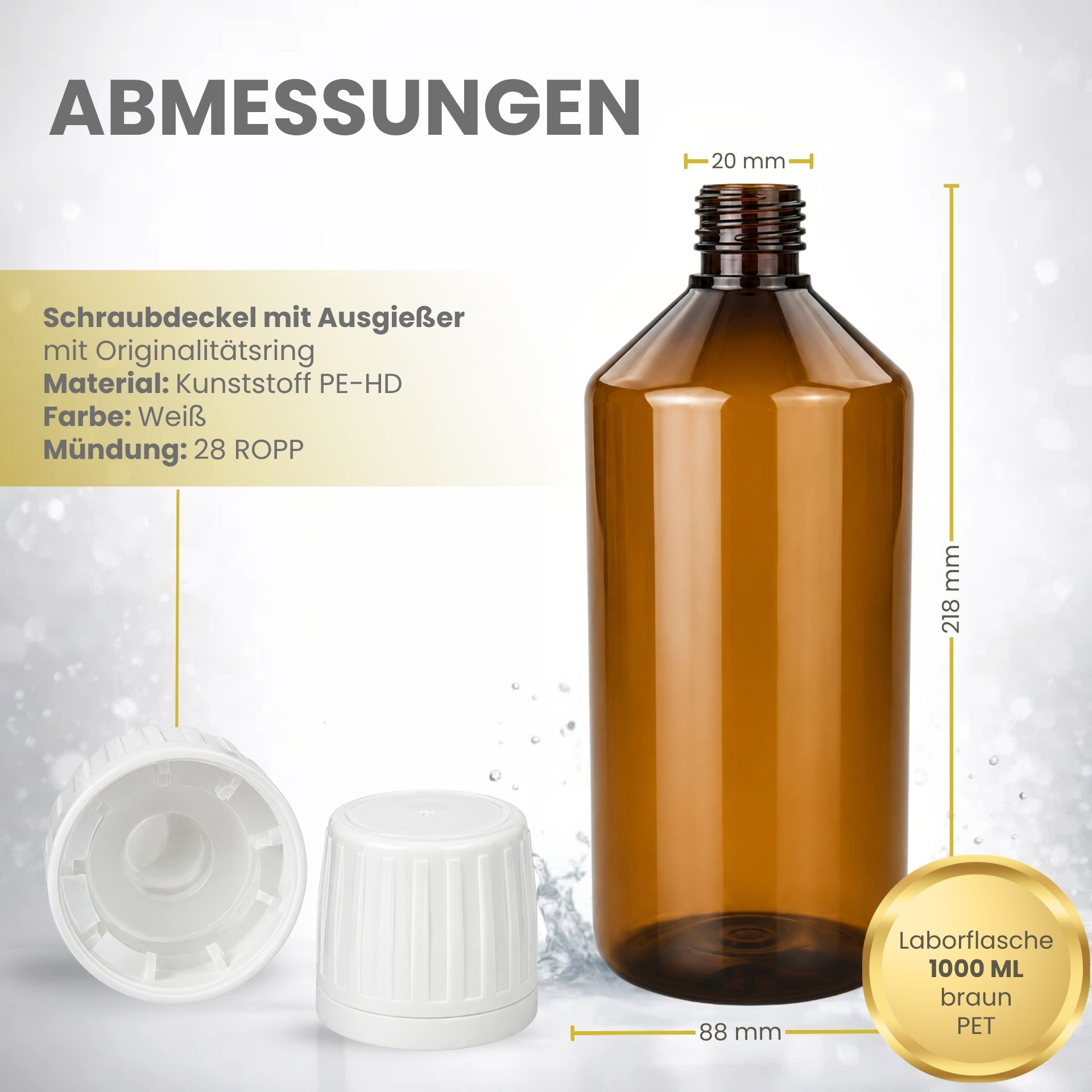 PET Flasche 1000 ml braun Laborflasche mit Ausgießer weiß