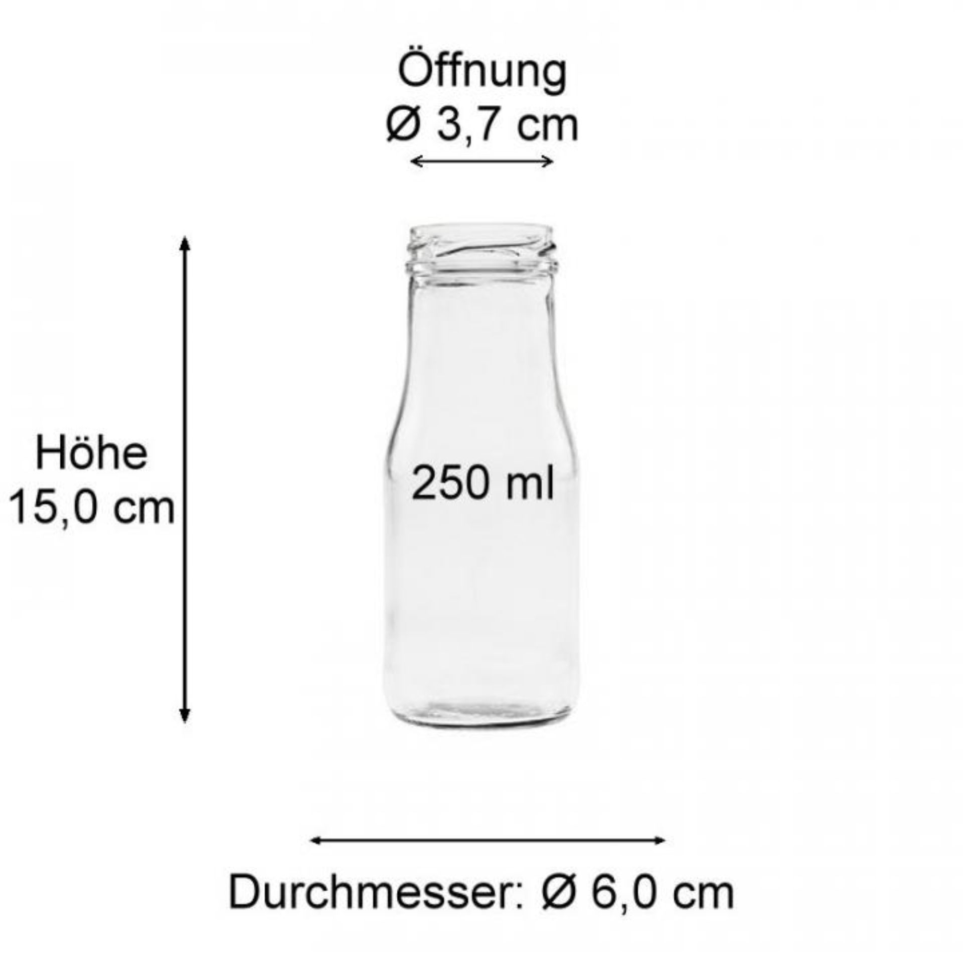 Glasflasche 250 ml Milchflasche mit Deckel, transparentes Glas, klassische Form, ideal für Milch, Säfte oder Smoothies, wiederverwendbar, umweltfreundlich, mit festem Schraubdeckel für sicheren Verschluss.