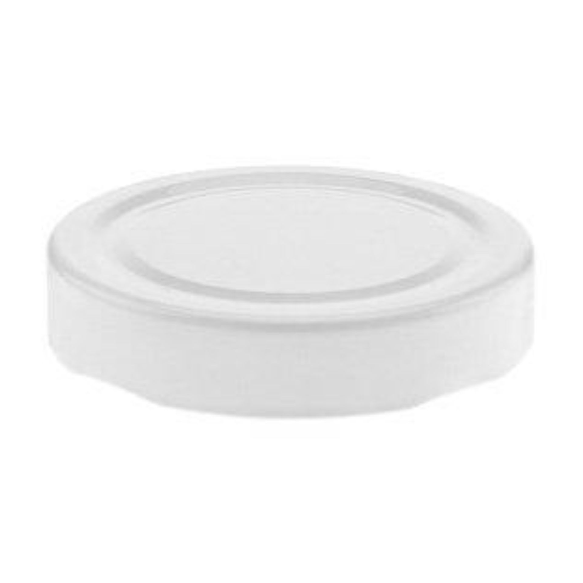 Weißer 1200x1200 Too70des Trinkbecher – Glas, Dose & Flasche Design Weißer Schraubdeckel mit glatter Oberfläche, Modell TO 70 Deep, von oben fotografiert vor neutralem Hintergrund.