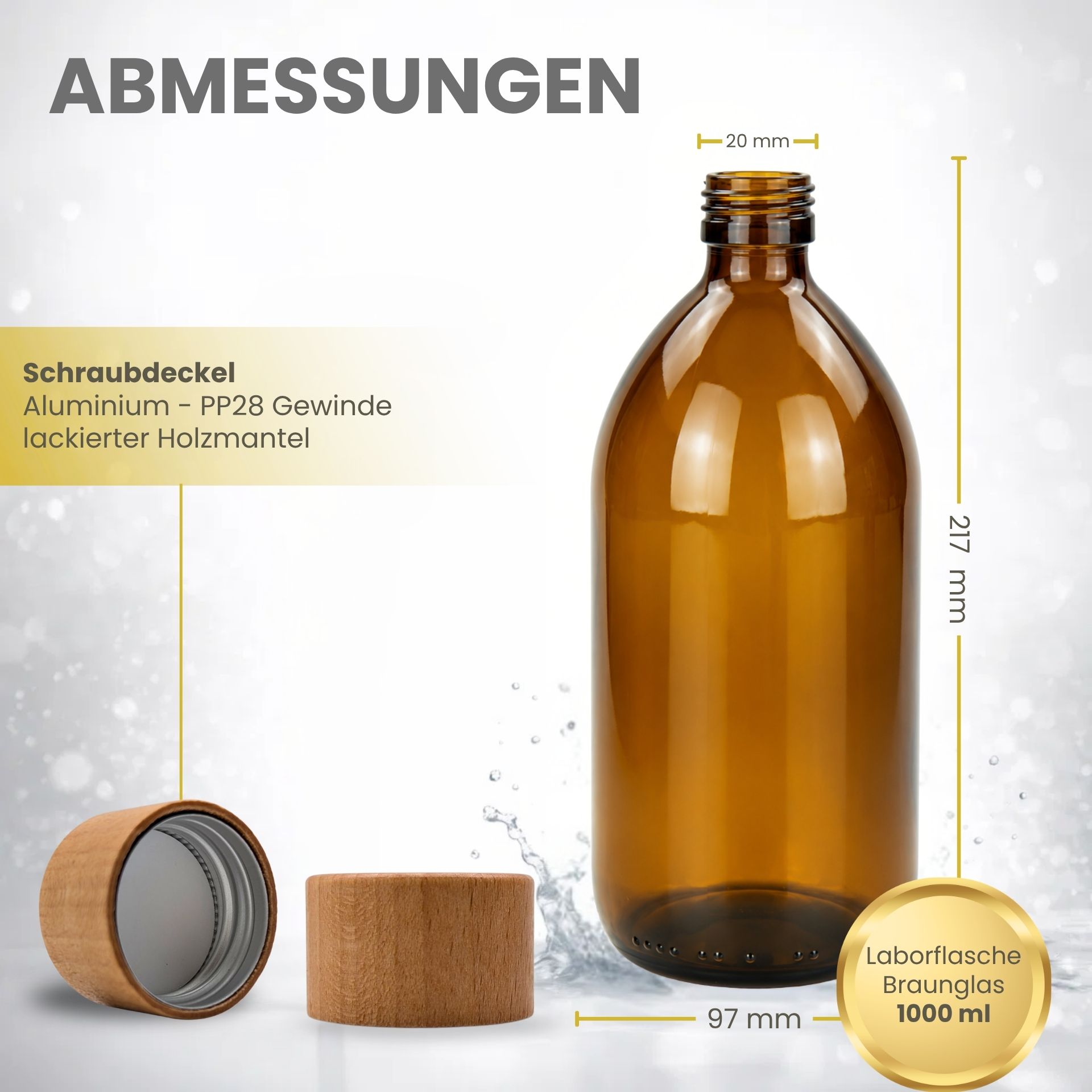 Glasflasche 1000 ml Laborflasche braun mit Schraubverschluss Aluminium mit Holzmantel