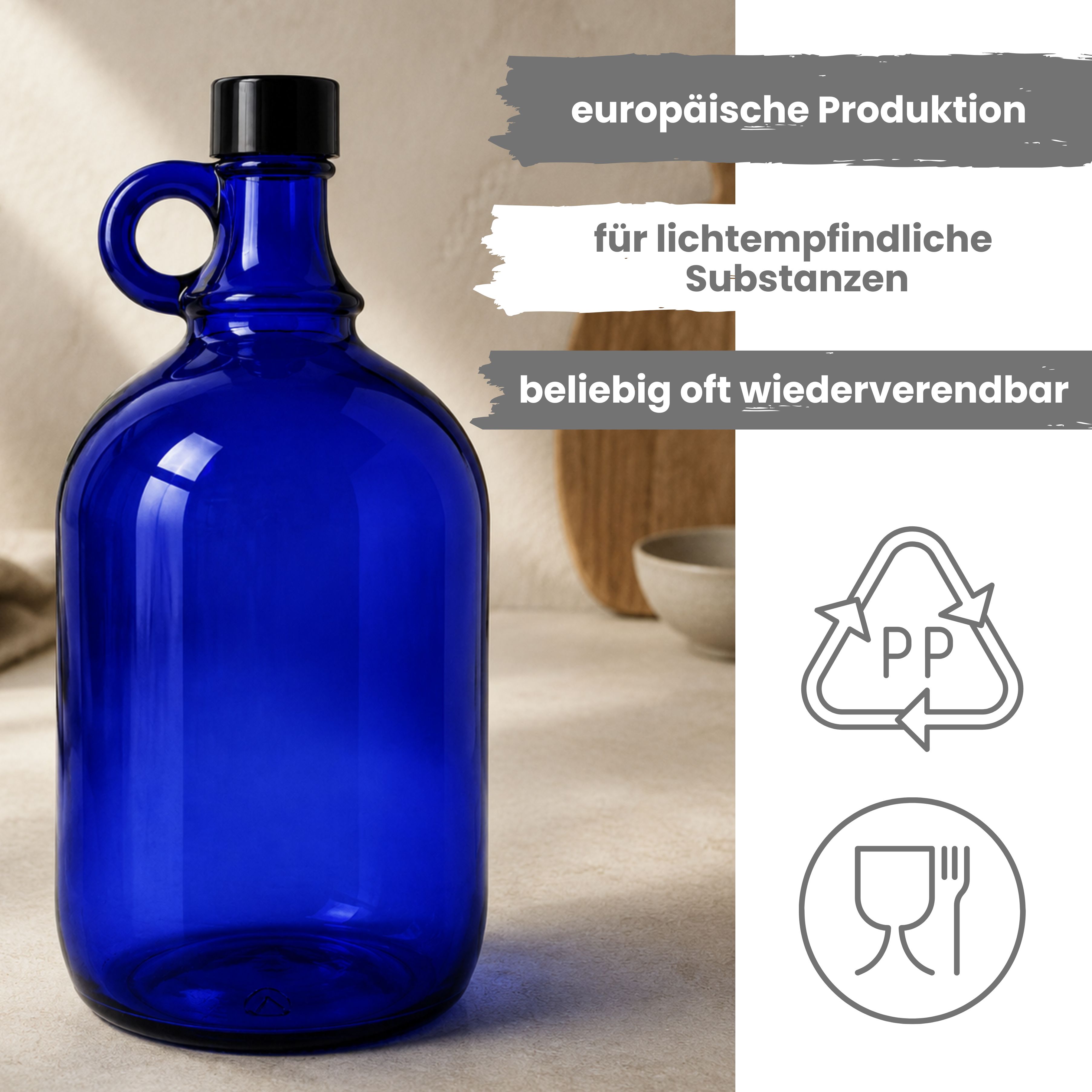 Glasflasche 2000 ml Henkelflasche blau