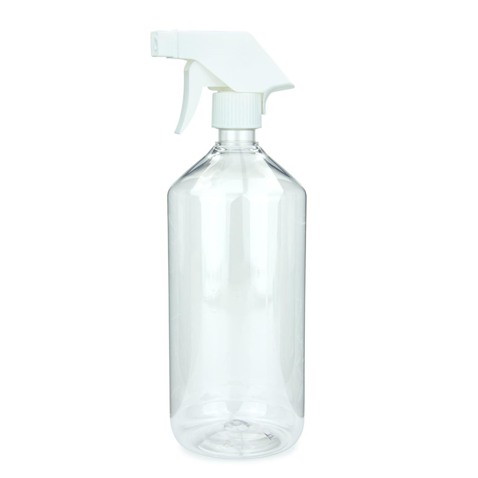 Transparente Laborflasche aus klarem PET-Kunststoff mit Sprühaufsatz, stehend auf weißem Hintergrund.