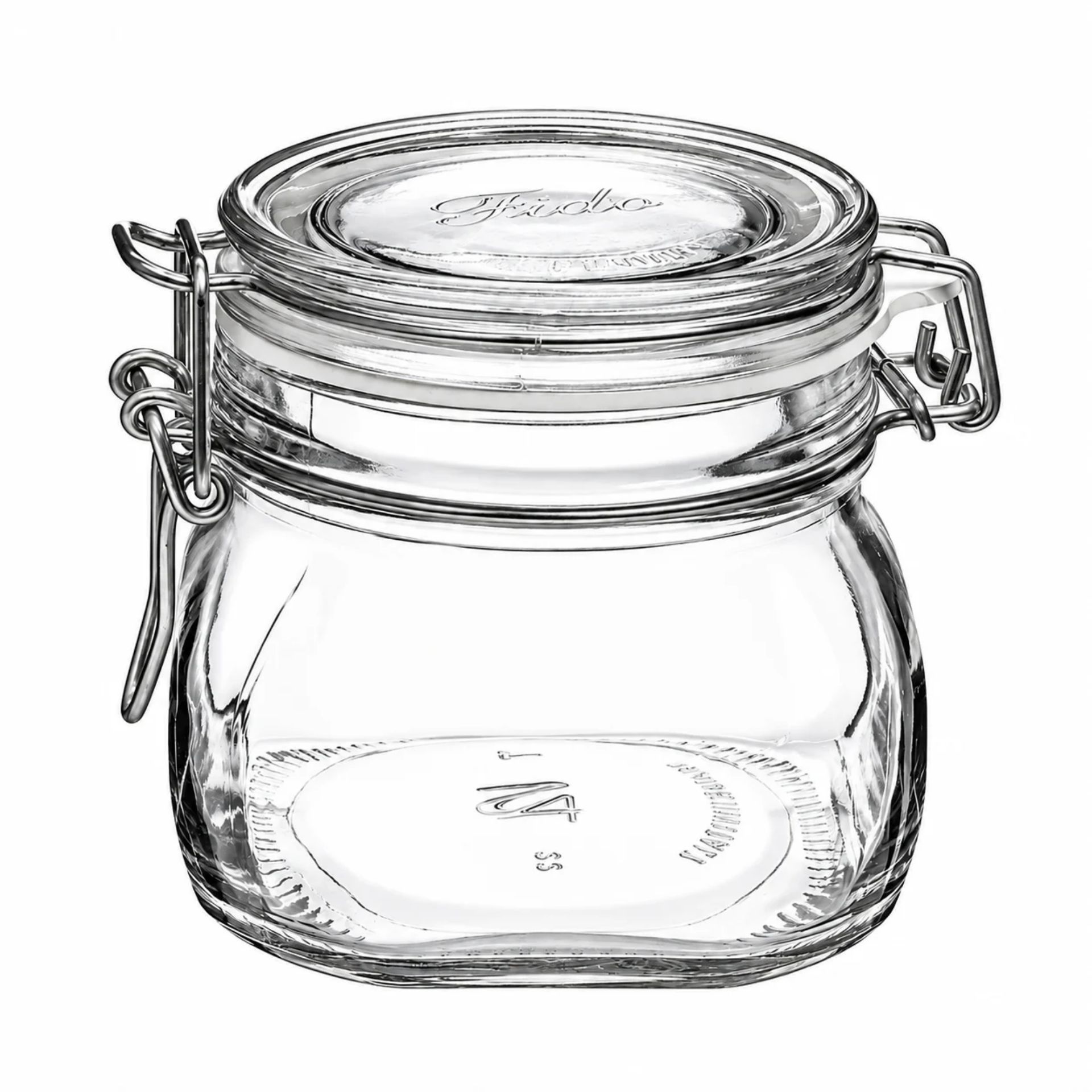 Ein quadratisches Bormioli Bügelverschlussglas mit 500 ml Fassungsvermögen aus klarem Glas, ausgestattet mit einem Drahtbügelverschluss, perfekt zum luftdichten Aufbewahren von Lebensmitteln.