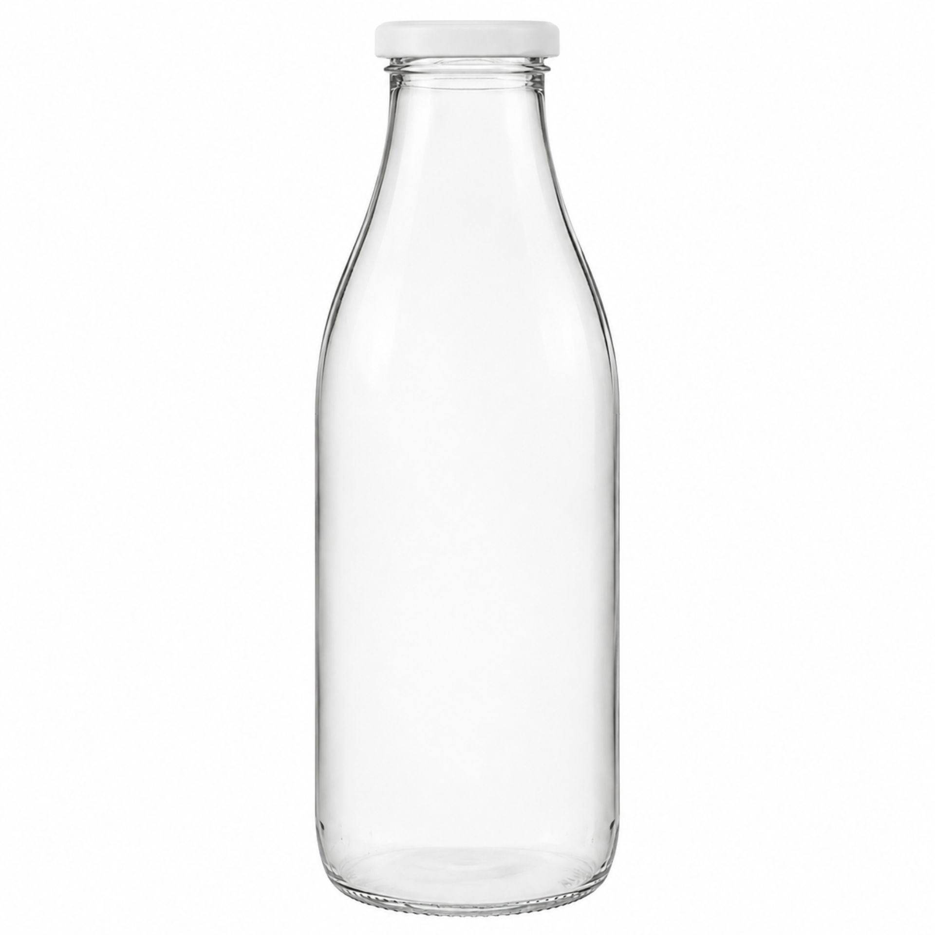 Sechs leere, transparente Glasflaschen mit Kronkorkenverschluss in zwei Reihen angeordnet; sie stehen auf einer weißen Oberfläche vor neutralem Hintergrund.