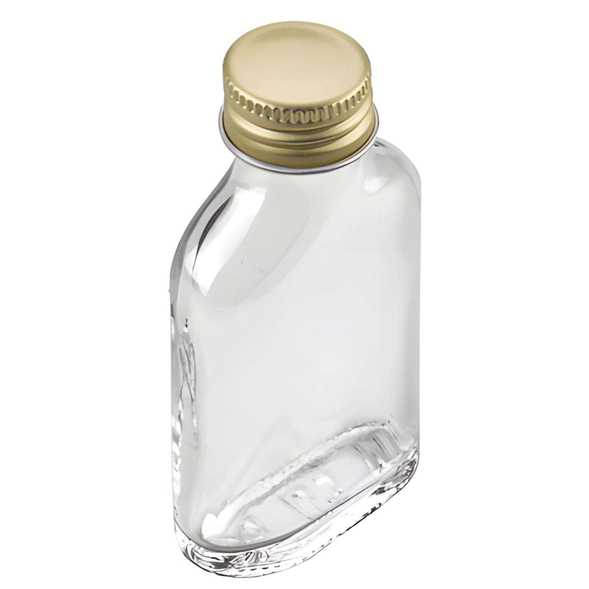 20 ml Mini-Glasflasche mit goldfarbenem Schraubdeckel, transparent, stehend vor neutralem Hintergrund.