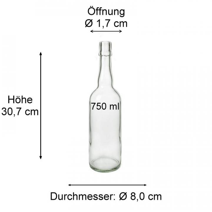 Bild einer Glasflasche mit 750 ml Fassungsvermögen und Bügelverschluss, ideal zur Aufbewahrung von Getränken oder als stilvolle Dekorationsflasche.