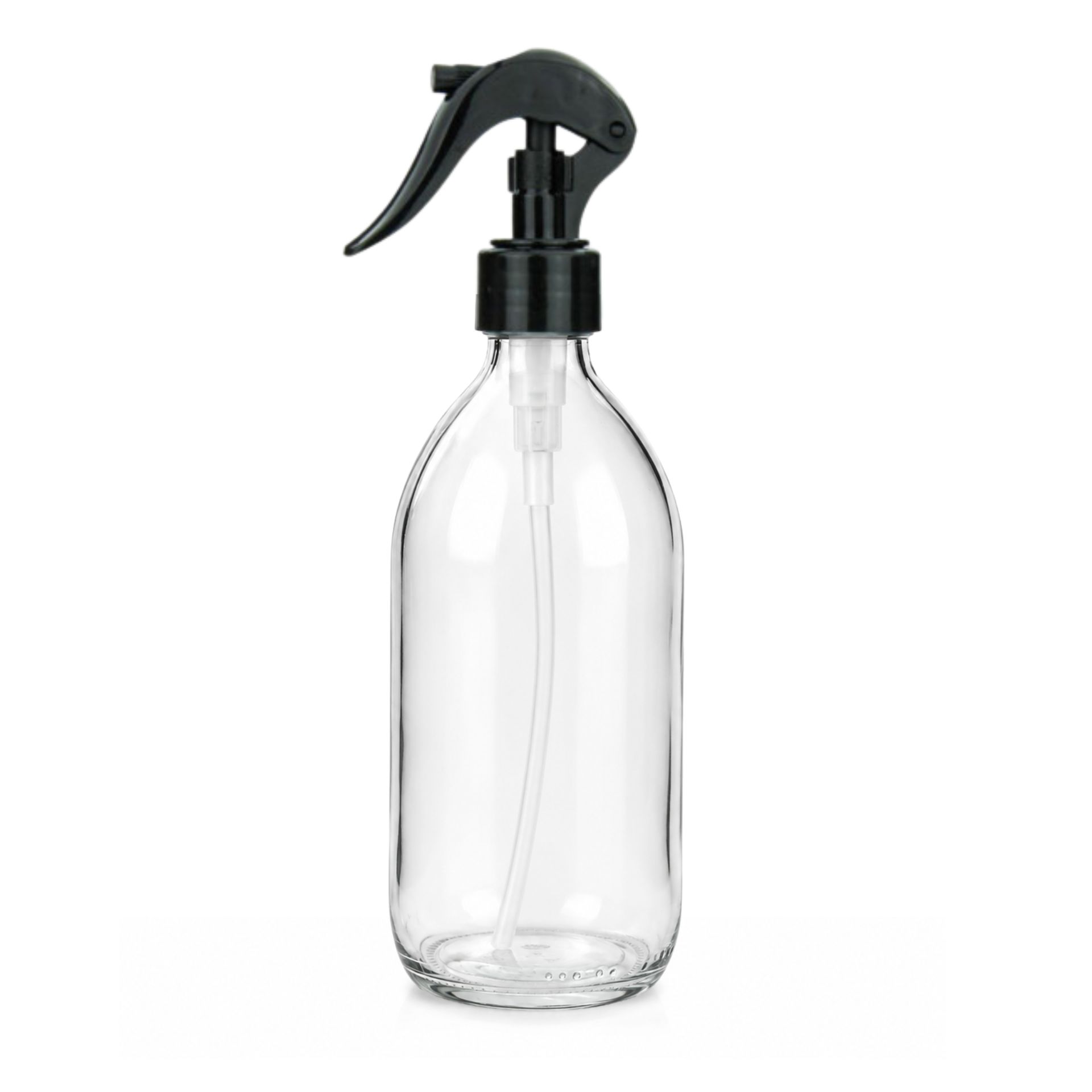 Klarglas-Sprühflasche mit schwarzem Trigger-Sprühkopf, 500 Milliliter Fassungsvermögen, auf weißem Hintergrund.