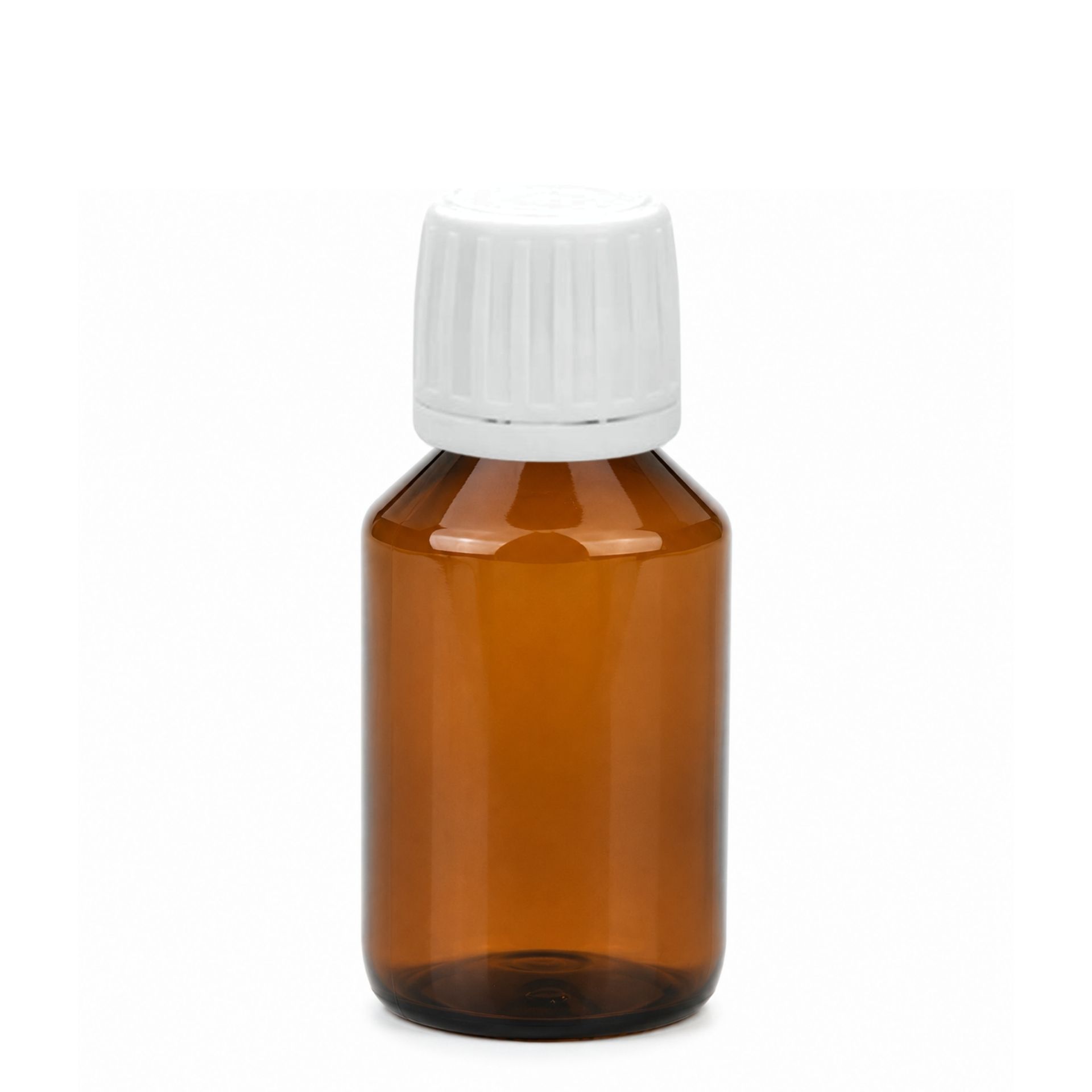 Apothekerflasche aus braunem Glas mit weißem Ausgießer, 100 ml Fassungsvermögen, vor weißem Hintergrund.