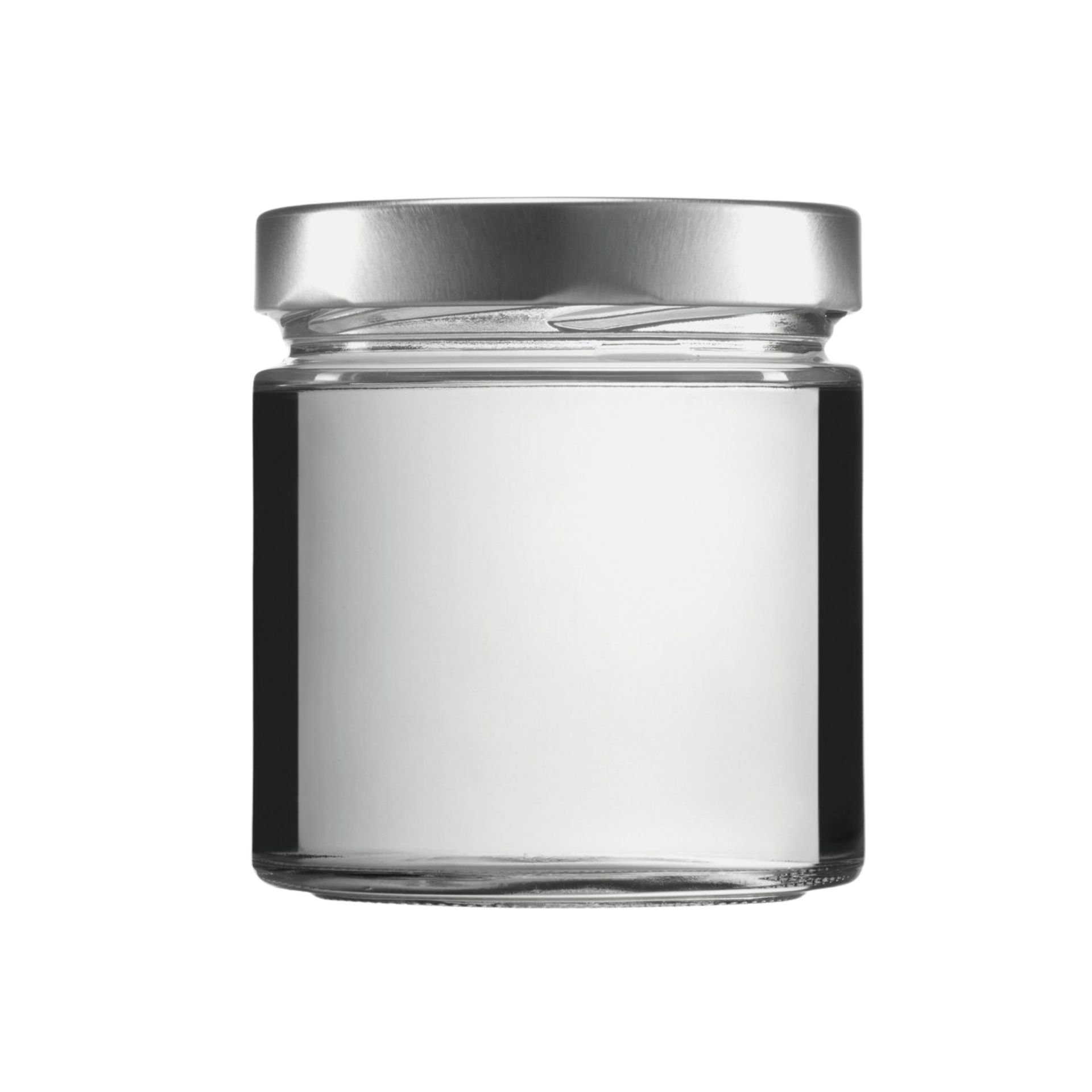 400 ml Einmachglas mit Deckel – Mikken Glasdose mit Blueseal Schraubverschluss für Vorrat & Aufbewahrung 400-ml-Einmachglas der Marke MIKKEN mit silberfarbenem Schraubdeckel und Blueseal-Dichtung, leer und transparent, auf weißem Hintergrund.