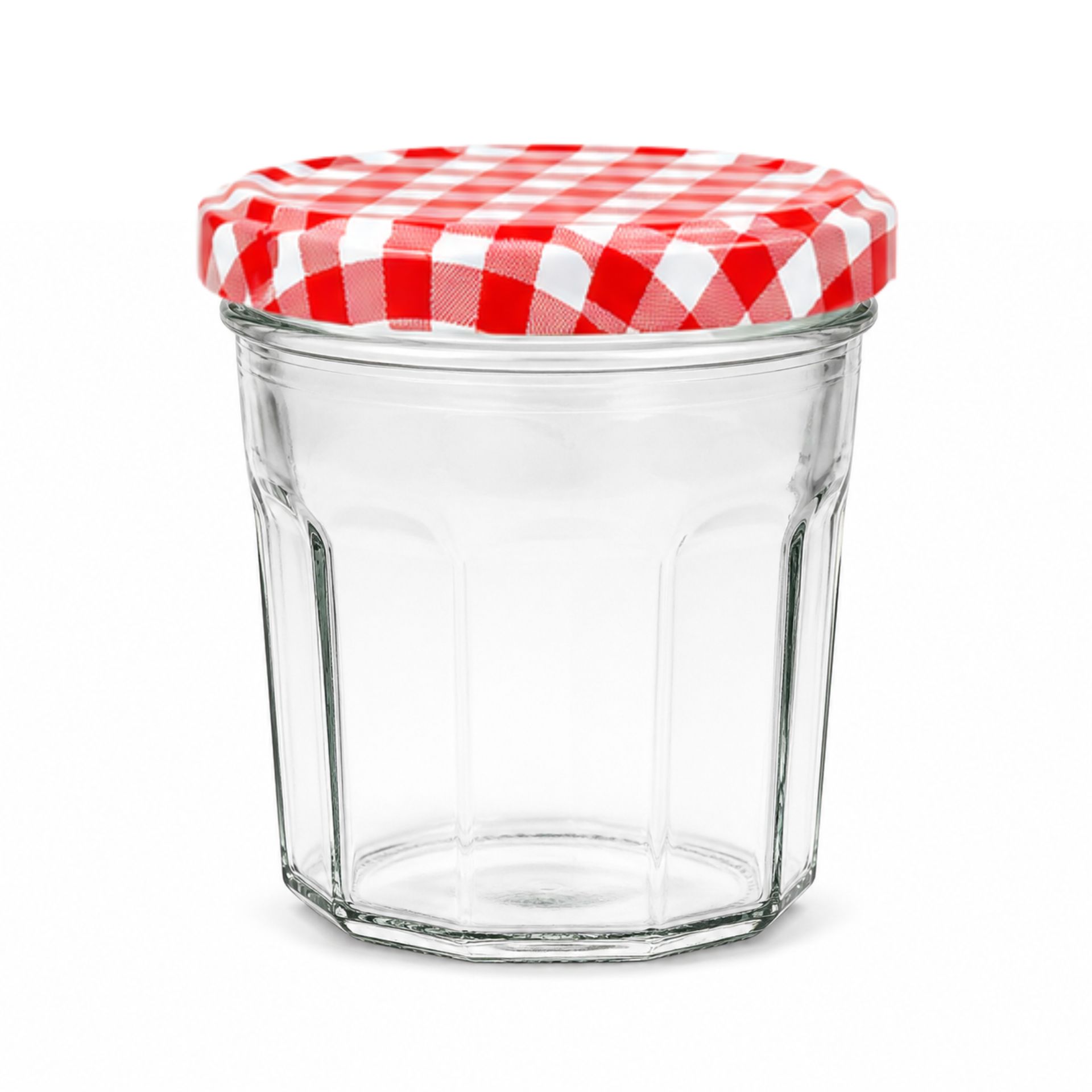 Vier leere, transparente 324-ml-Gläser der Serie „Facette“ stehen nebeneinander auf weißem Hintergrund. Die Gläser haben eine leicht facettierte Oberfläche und einen stabilen Boden.