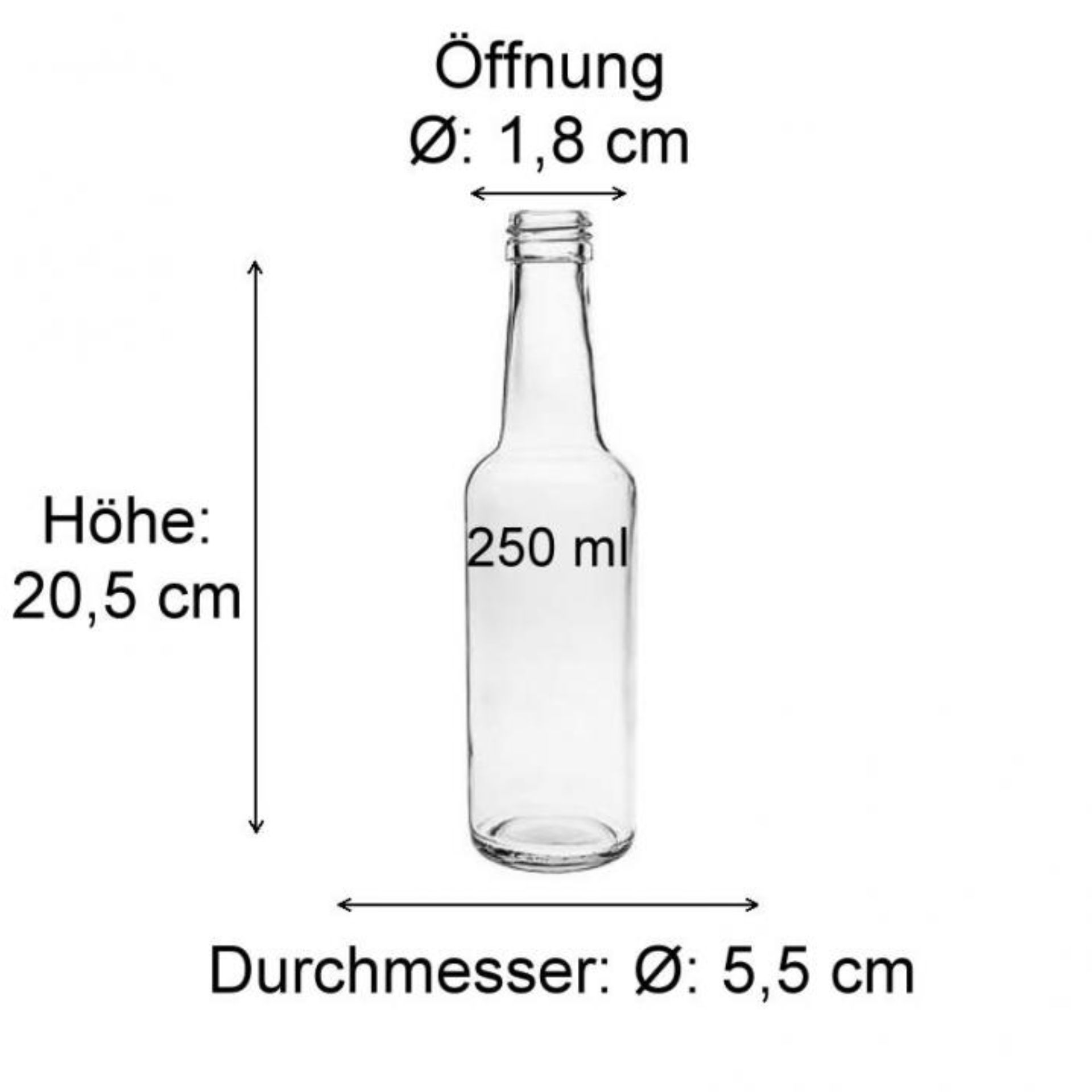 Klare Glasflasche 250 ml mit Schraubverschluss – Maße und technische Details Produktbild der Webseite flaschen-glaeser-und-dosen.de: Abbildung einer transparenten Trinkflasche mit Schraubverschluss, daneben eine Maßtabelle mit Angaben zu Höhe, Durchmesser und Volumen, Importdatum: 1701954350.
