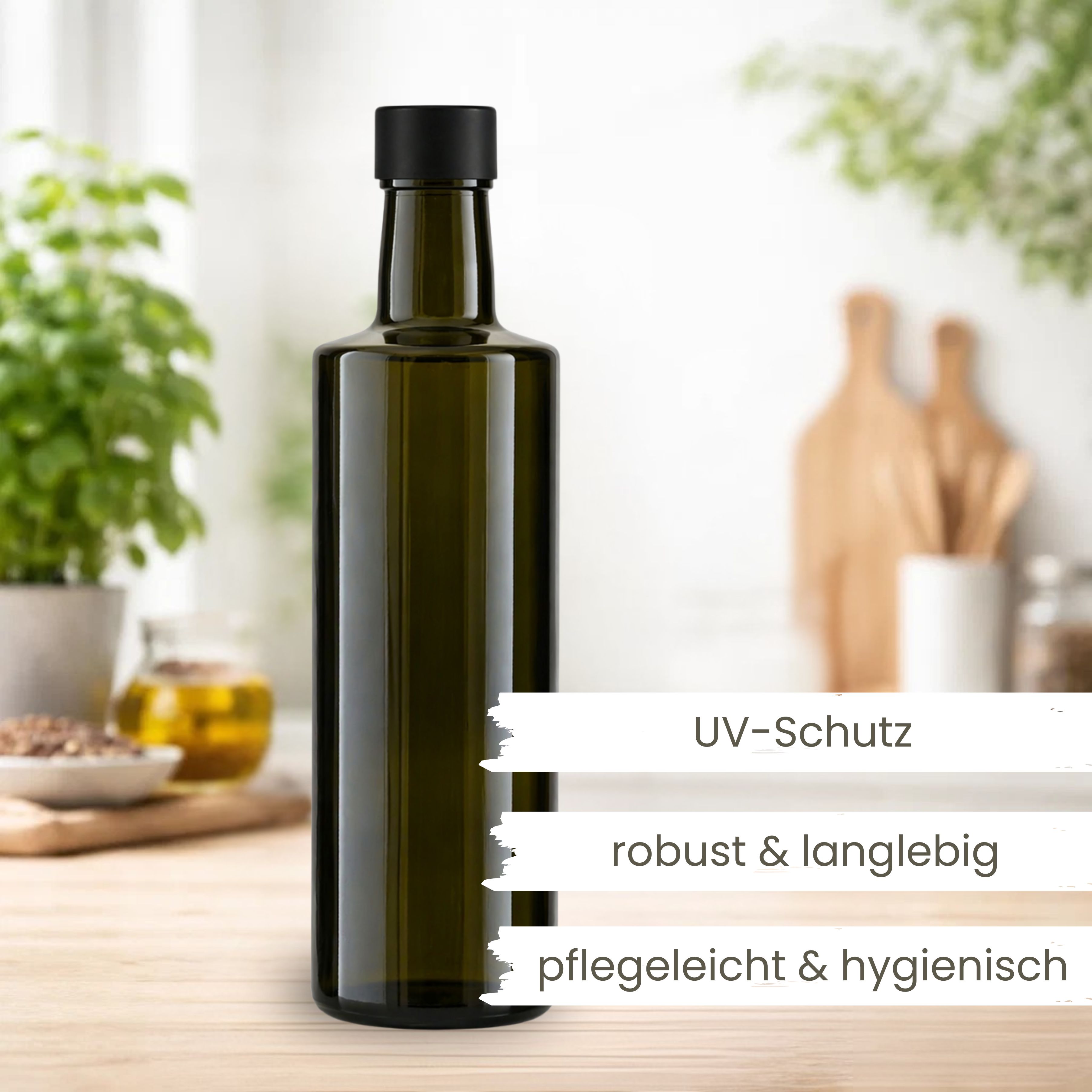 Glasflasche 500 ml rund braun Ölflasche Deckel Schwarz Alu/Kunststoff
