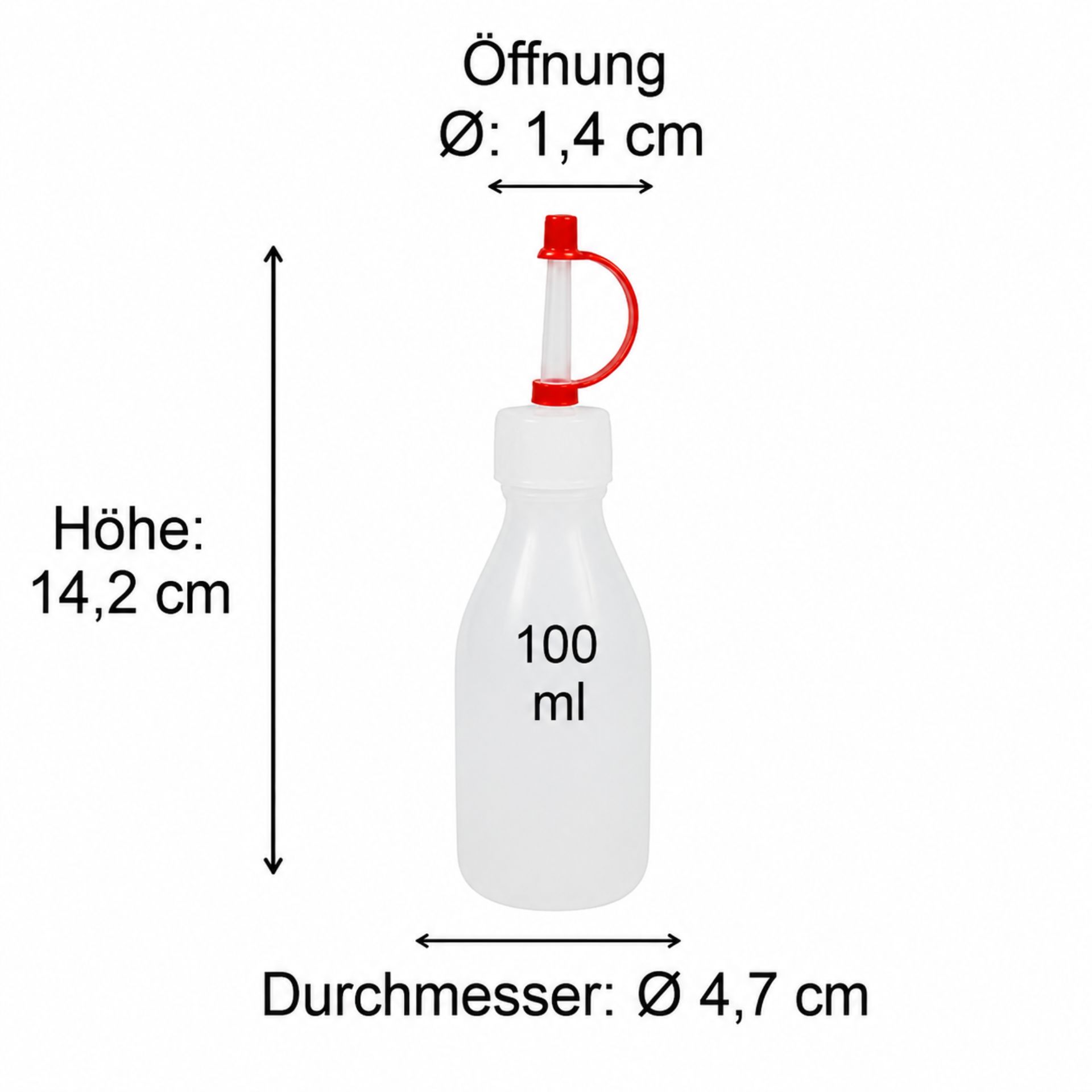 Maßzeichnung einer transparenten Glasflasche mit Schraubverschluss, ideal für Getränkeabfüllung.
