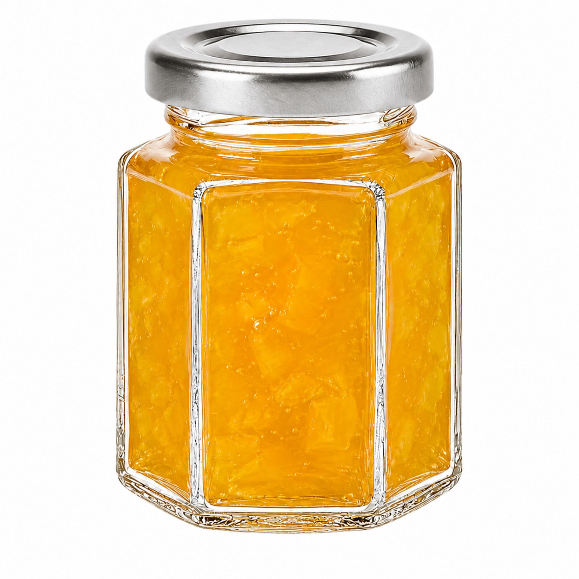 Sechs sechseckige Einmachgläser aus klarem Glas mit goldfarbenem Schraubdeckel, jeweils 110 ml Fassungsvermögen, symmetrisch auf weißem Hintergrund angeordnet.