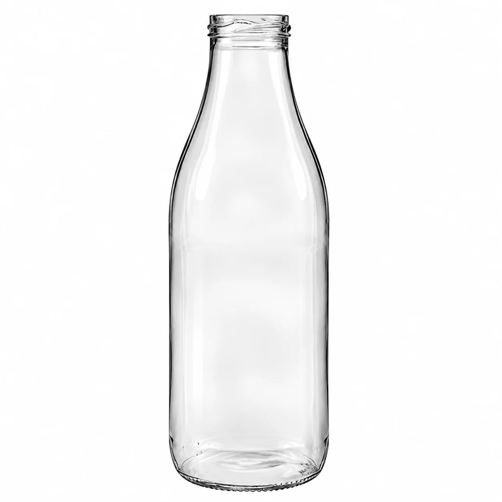 Klare Glasflasche mit 1000 ml Fassungsvermögen, aufrecht stehend, mit aufgeschraubtem silbernem Deckel, vor neutralem Hintergrund.