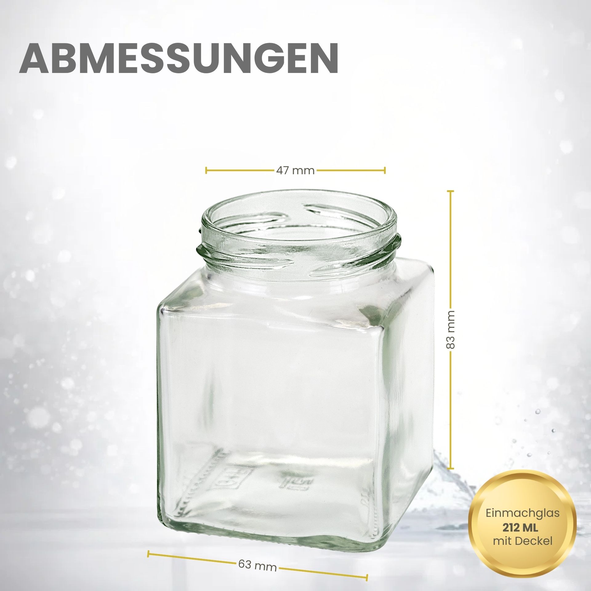 Quadratglas 212 ml mit Maßeinheiten, ideal für das Abfüllen von Lebensmitteln und Flüssigkeiten - Hochauflösende Produktabbildung.