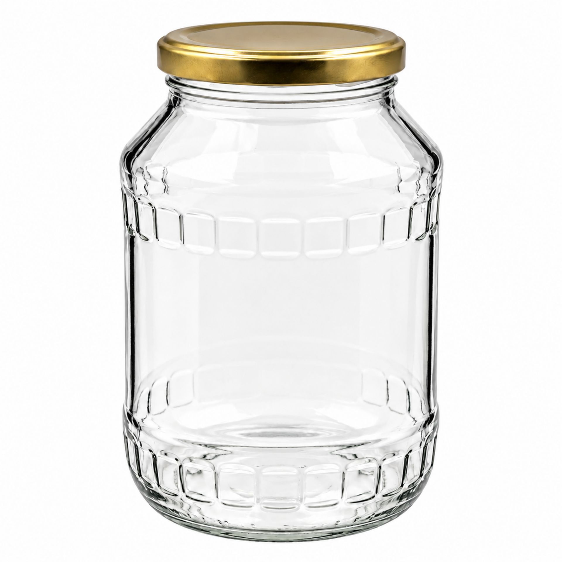Großes, transparentes Einmachglas mit einem Fassungsvermögen von 1700 ml, verschlossen mit einem goldfarbenen Metalldeckel; das Glas steht aufrecht vor weißem Hintergrund.