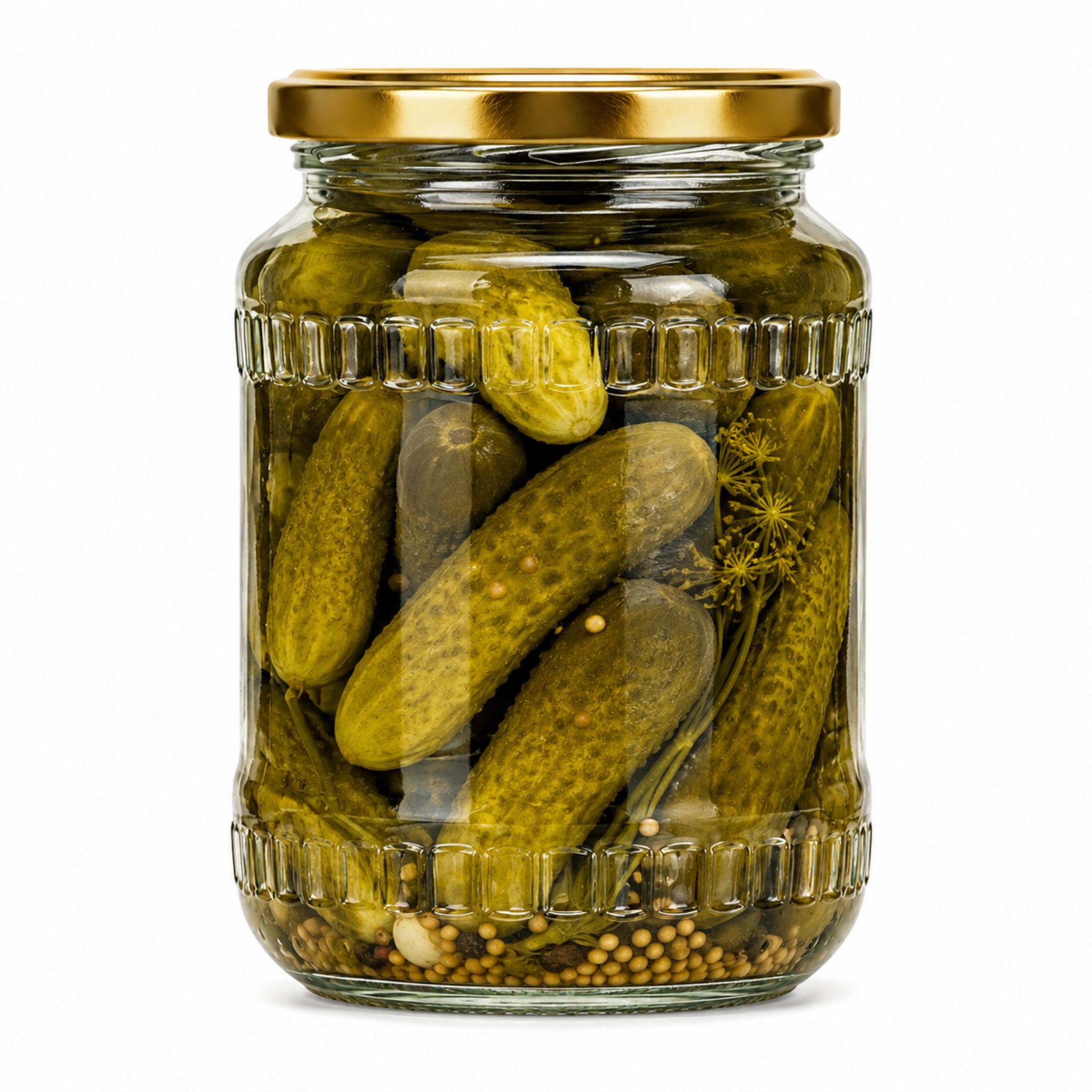 Ein leeres, transparentes Einmachglas mit goldenem Schraubdeckel steht vor neutralem Hintergrund.