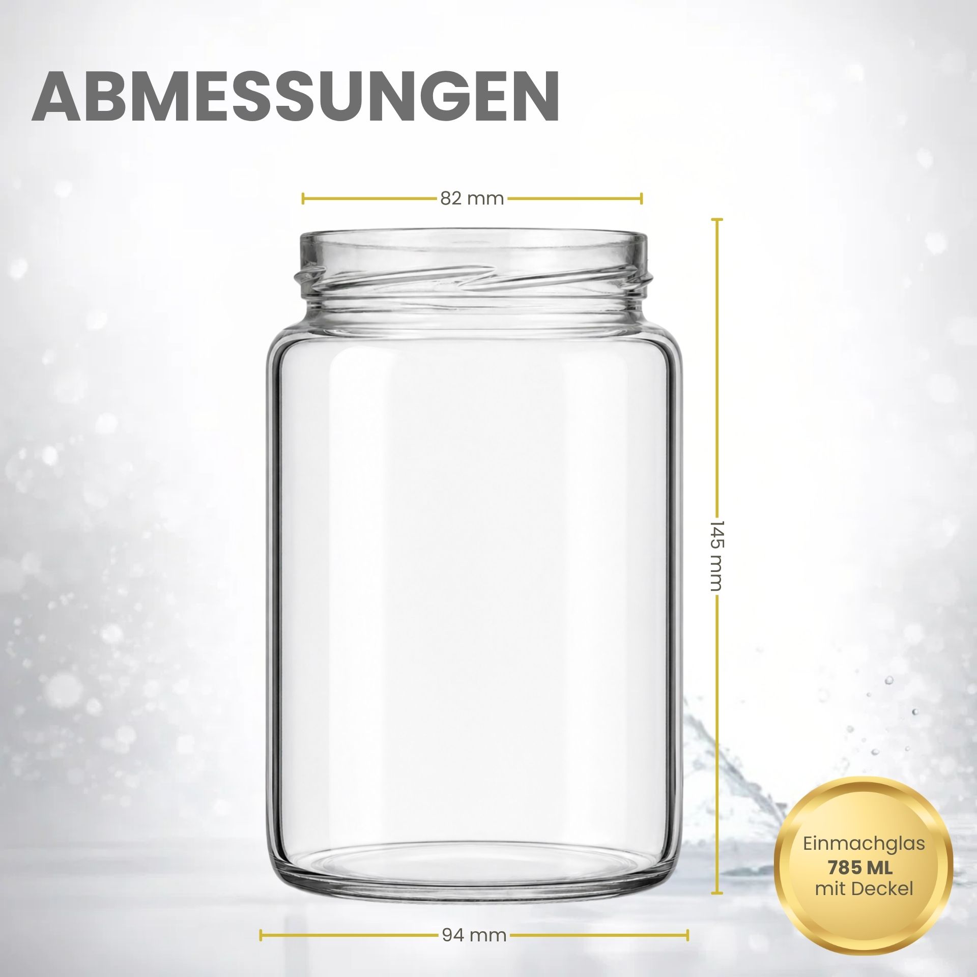 Transparenter, zylindrischer Vorratsbehälter aus Glas mit einem Fassungsvermögen von 785 ml, ohne Deckel, auf weißem Hintergrund.
