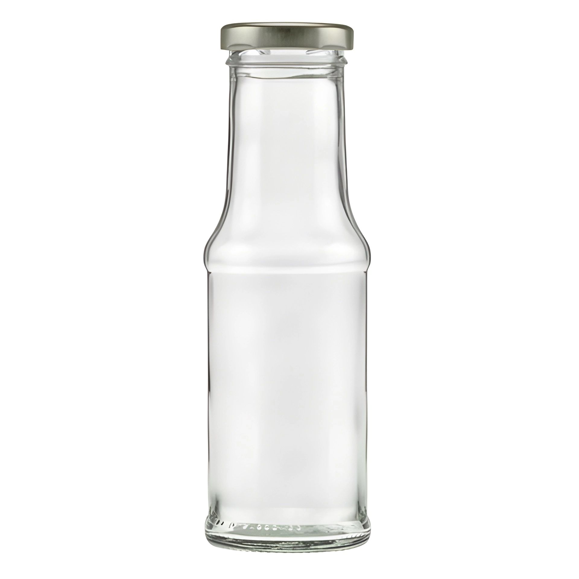 Glasflasche 200 ml Saftflasche mit Gold-, Silberdeckel 200-ml-Glasflasche mit Schraubverschluss, gefüllt mit orangefarbenem Saft; die Flasche steht aufrecht vor weißem Hintergrund, Deckel wahlweise in Gold, Silber oder Schwarz.
