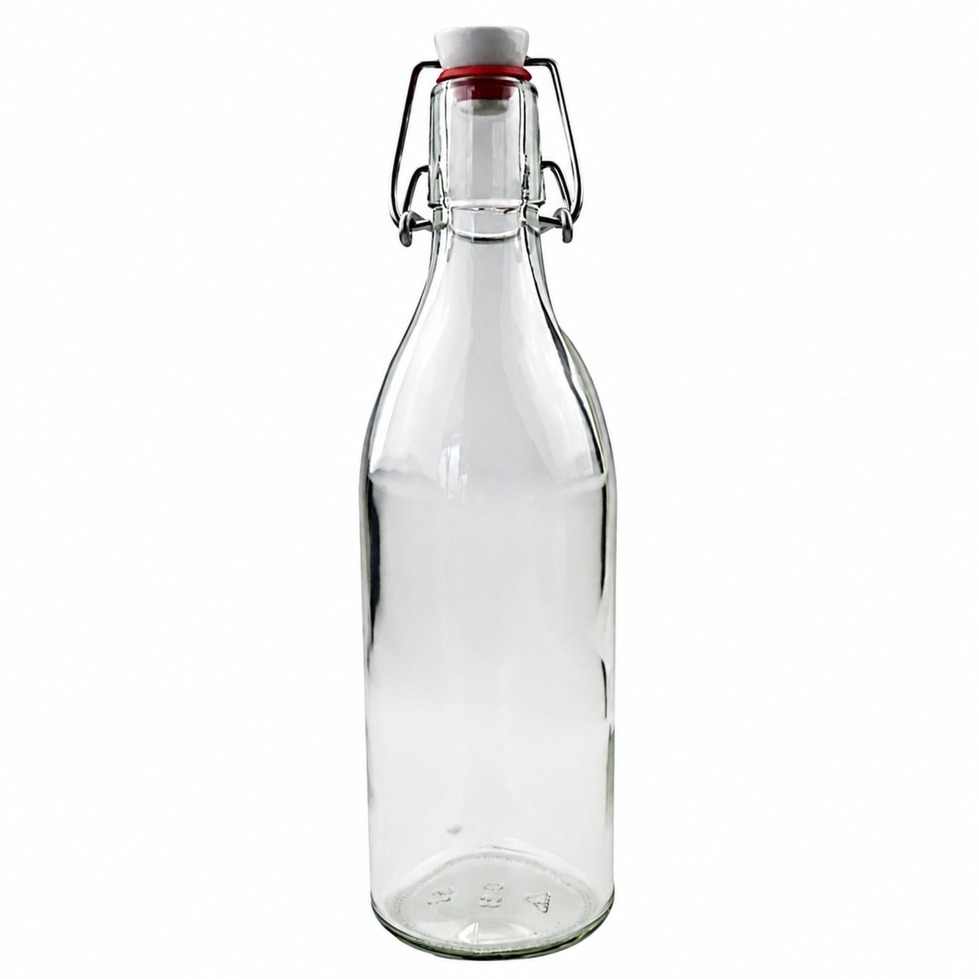 Braune Glasflasche mit Bügelverschluss, 500 ml Fassungsvermögen, stehend vor weißem Hintergrund.
