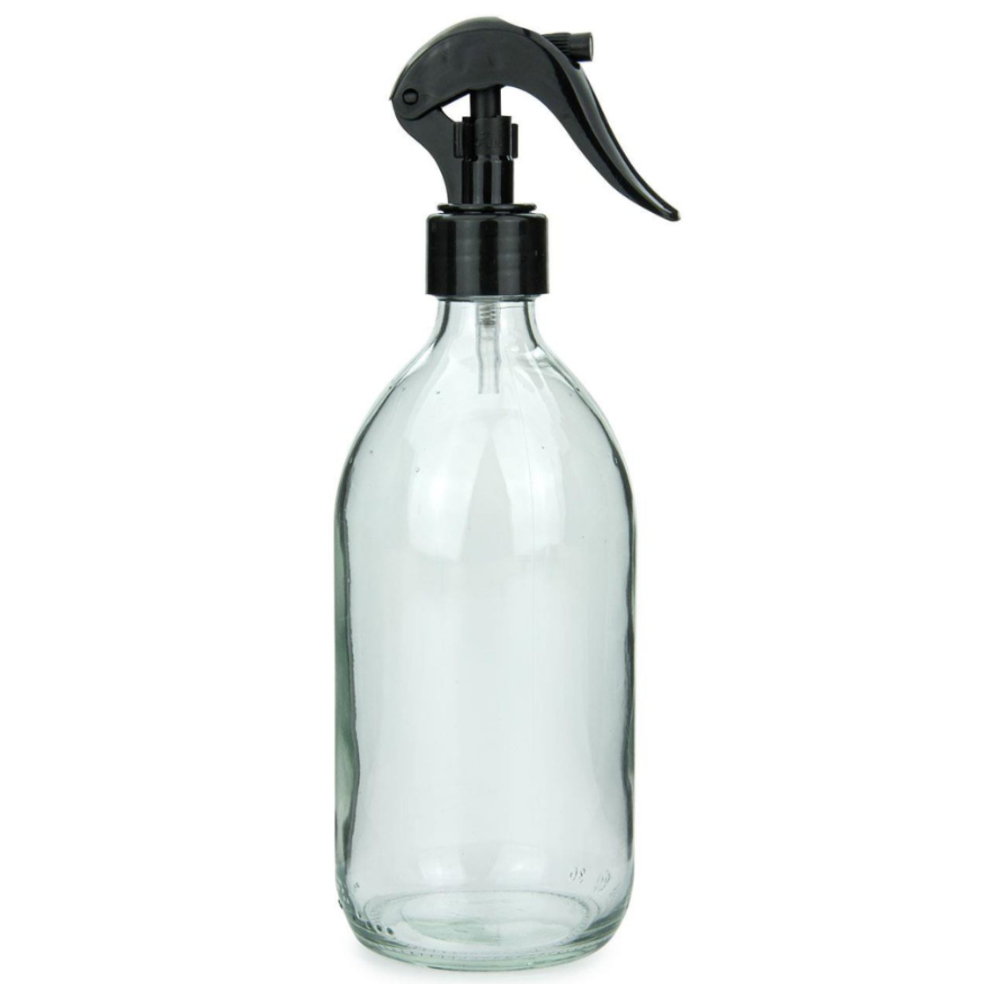 Klarglas-Sprühflasche mit schwarzem Trigger-Sprühkopf, 500 Milliliter Fassungsvermögen, auf weißem Hintergrund.