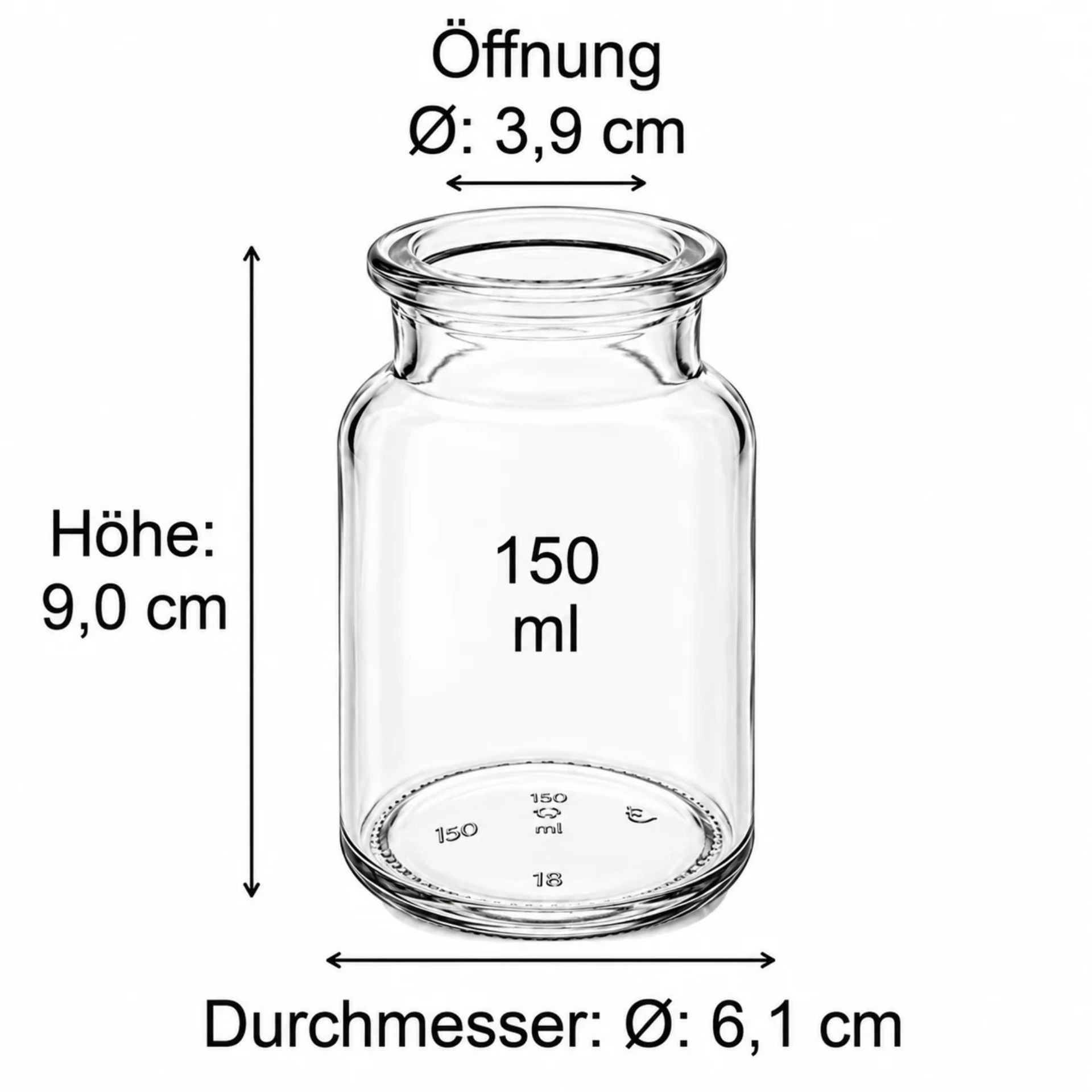 Produktabbildung einer klaren Glasflasche mit Drehverschluss und detaillierten Maßen, ideal für Getränkeflaschen, chemische Flüssigkeiten oder Kosmetikprodukte, auf weißem Hintergrund dargestellt.