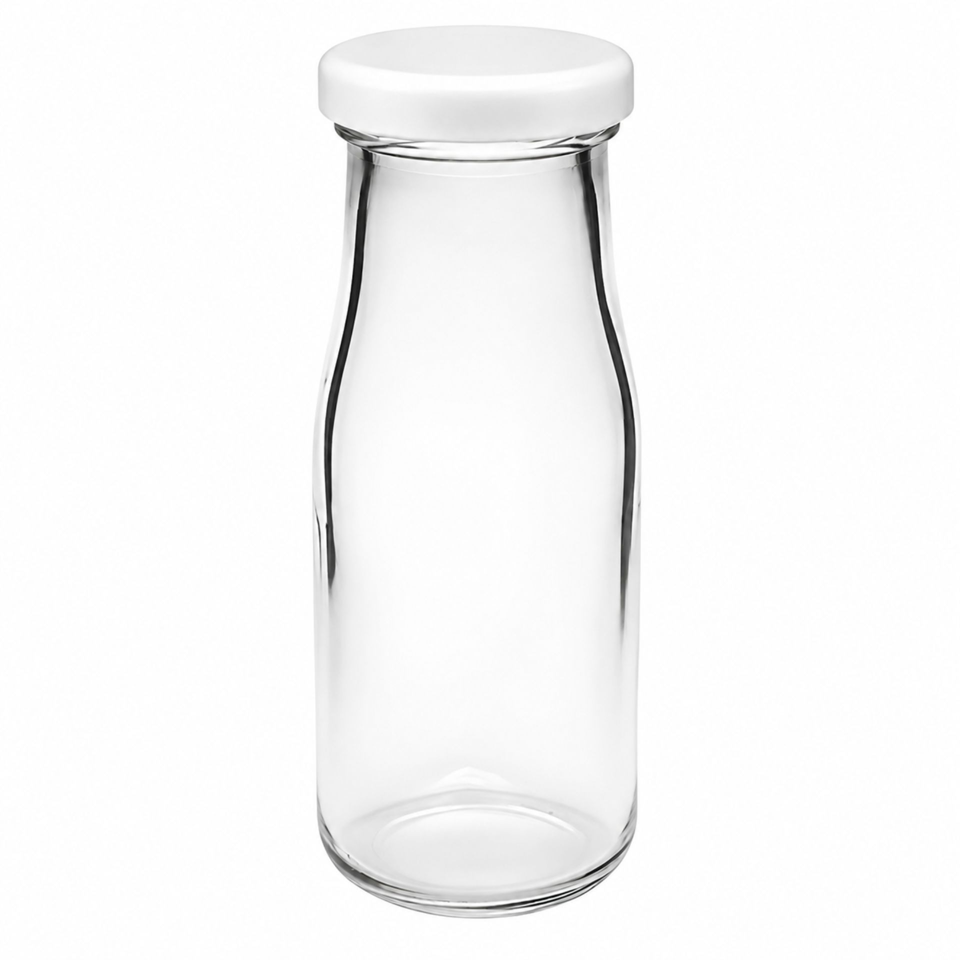 Leere, klare Glasflasche mit 156 ml Fassungsvermögen in Milchflaschenform; daneben drei Schraubdeckel in Gold, Silber und Schwarz zur Auswahl, auf weißem Hintergrund.