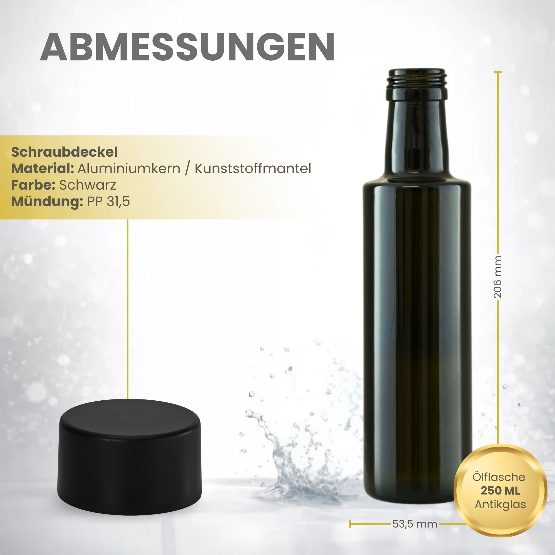 Glasflasche 250 ml rund Antik mit Deckel Schwarz Alu/Kunststoff