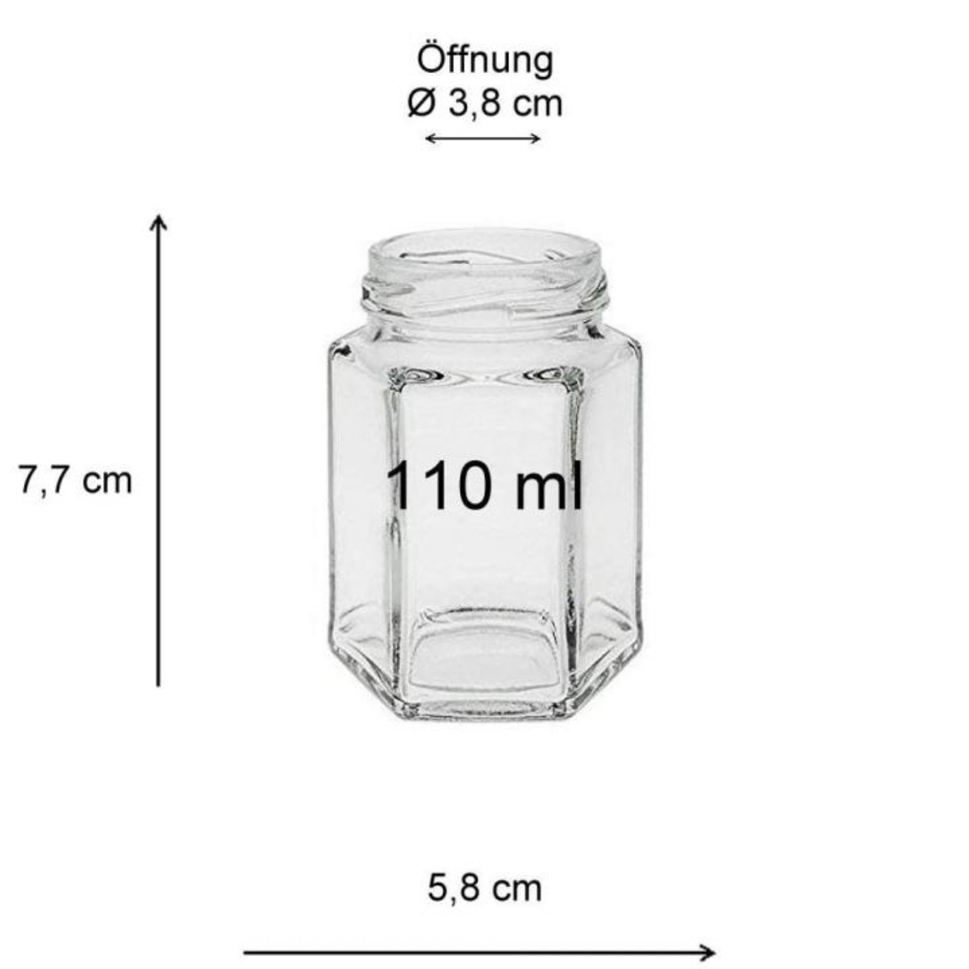 Einmachglas 110 ml in Sechseckform mit Deckel, ideal für Konfitüren, Marmeladen oder als stilvolle Aufbewahrungslösung.