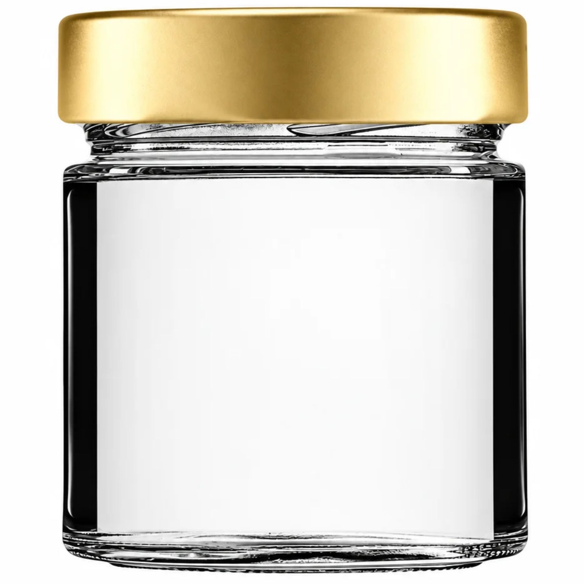 Transparente Vorratsdose aus Glas mit 400 ml Fassungsvermögen, zylindrische Form, goldfarbener Schraubverschluss, auf weißem Hintergrund.