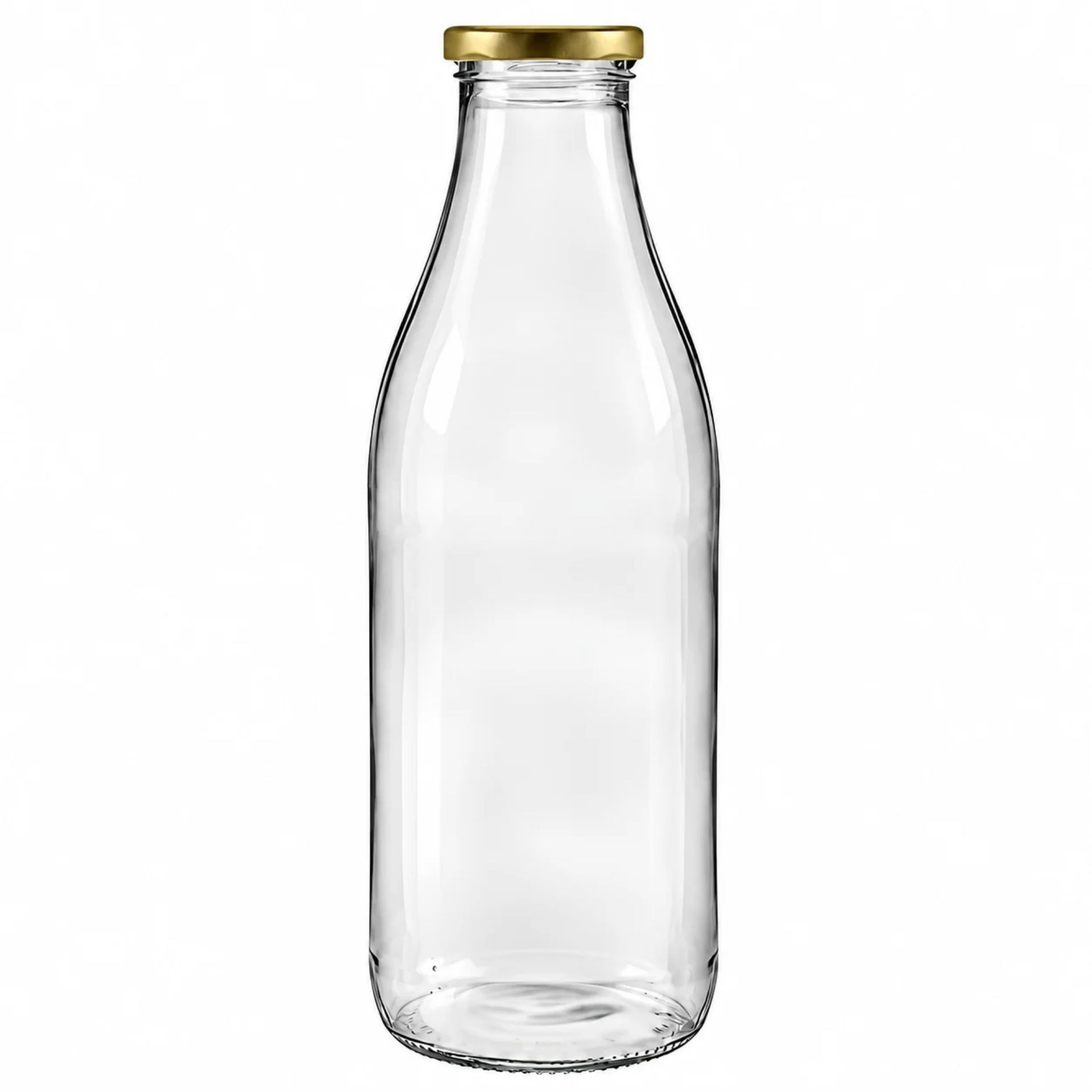 Klarglassflasche mit 1000 ml Fassungsvermögen, zylindrische Form, schmalem Hals und silberfarbenem Schraubdeckel, stehend vor weißem Hintergrund.