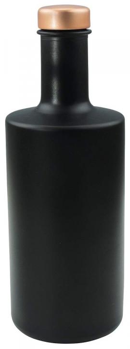 Glasflasche 350 ml MIKKEN Art Schwarz mit Kupferdeckel - Produktbild Klare 350-ml-Glasflasche der Marke Mikken mit schwarzem, zylindrischem Körper und Schraubdeckel in Kupferoptik, stehend vor weißem Hintergrund.