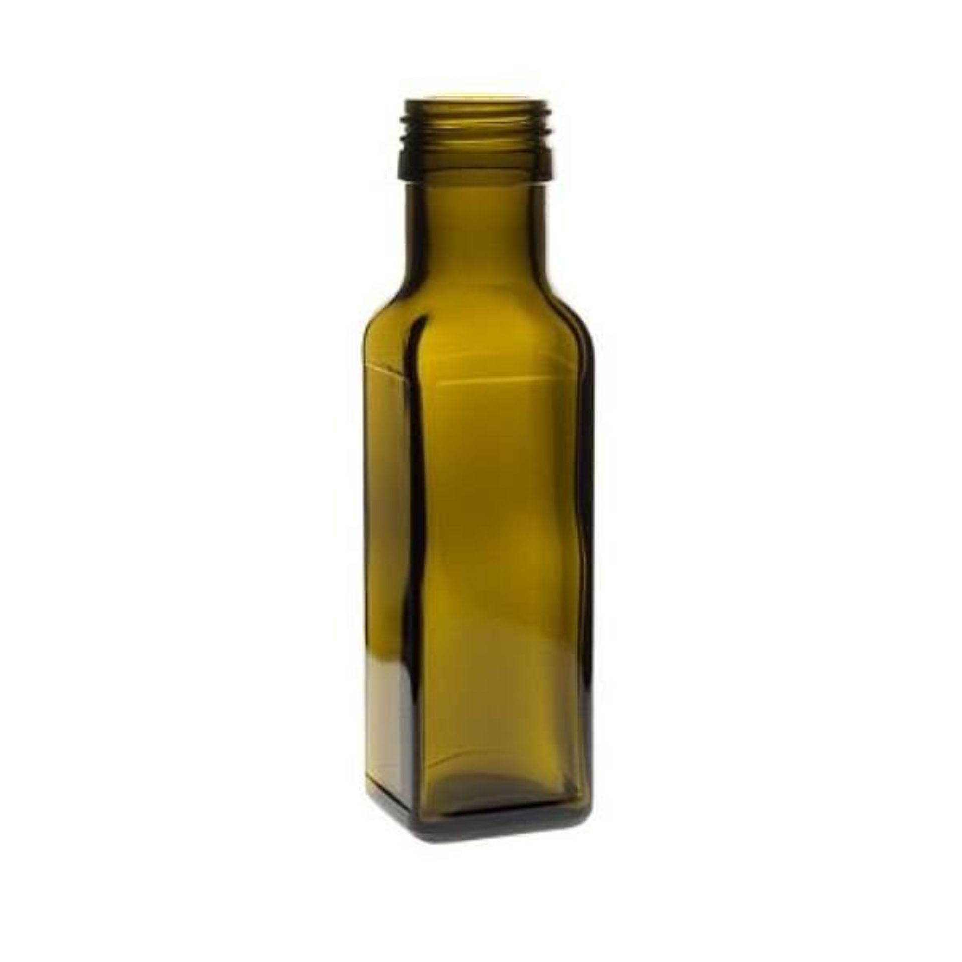 Braune, viereckige Glasflasche mit einer Kapazität von 100 ml, verschlossen mit einem gold- oder silberfarbenen Deckel - ideal für Kosmetikprodukte oder kulinarische Flüssigkeiten.