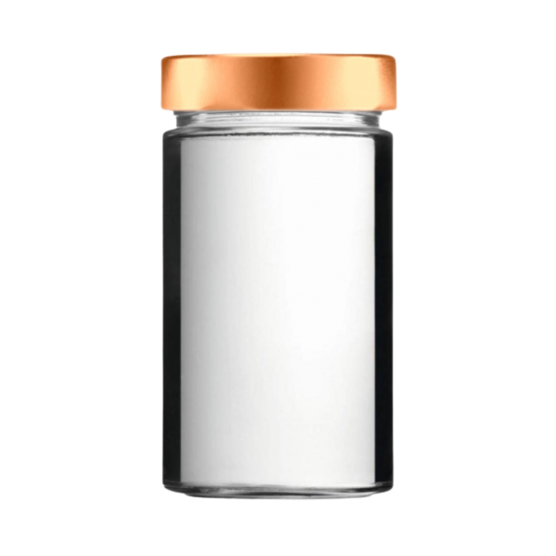Ein leeres Einmachglas mit 720 ml Fassungsvermögen, versehen mit einem kupferfarbenen Schraubdeckel, vor neutralem Hintergrund.