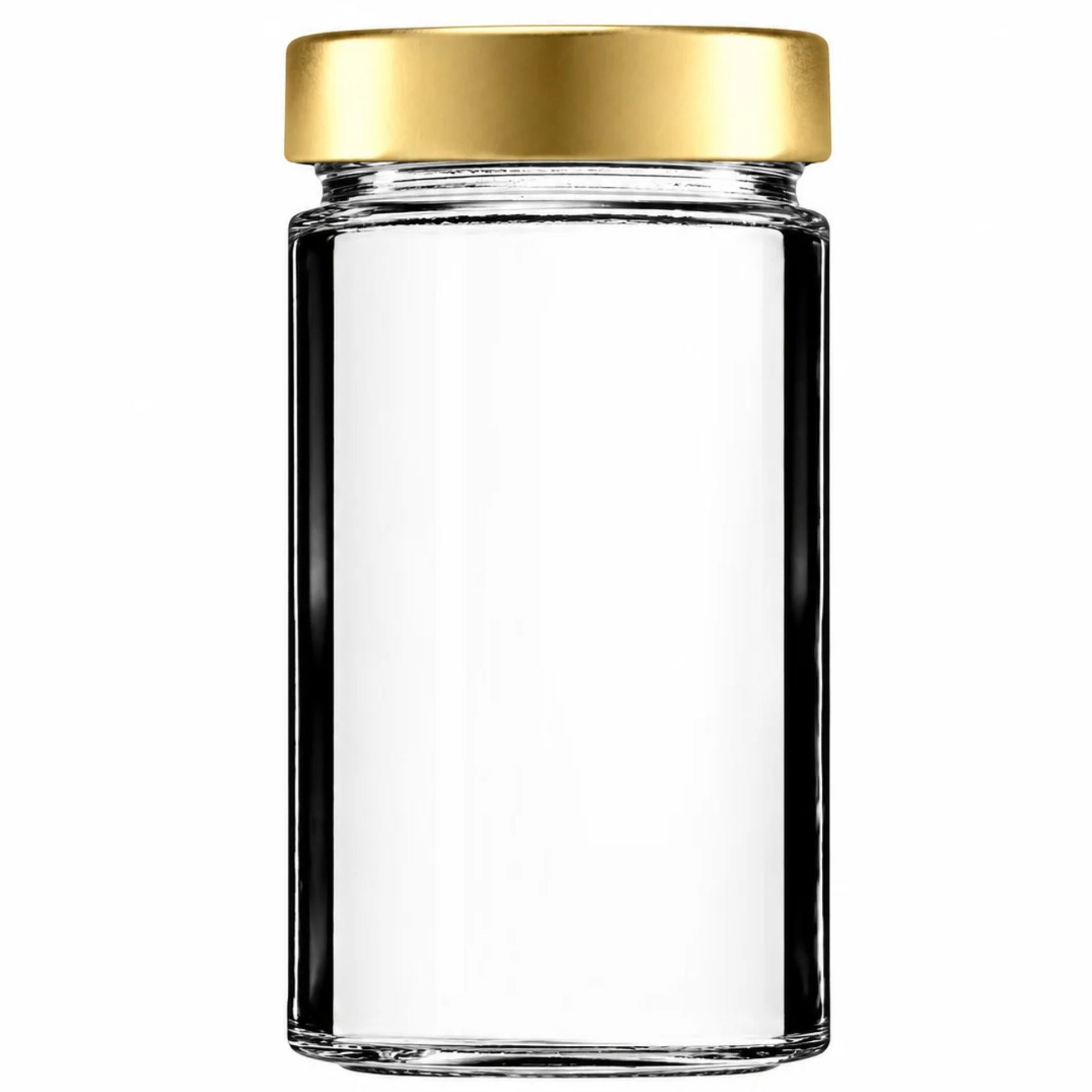 Ein klares 720-ml-Einmachglas der Marke Mikken mit goldfarbenem Schraubdeckel, stehend auf weißem Hintergrund.