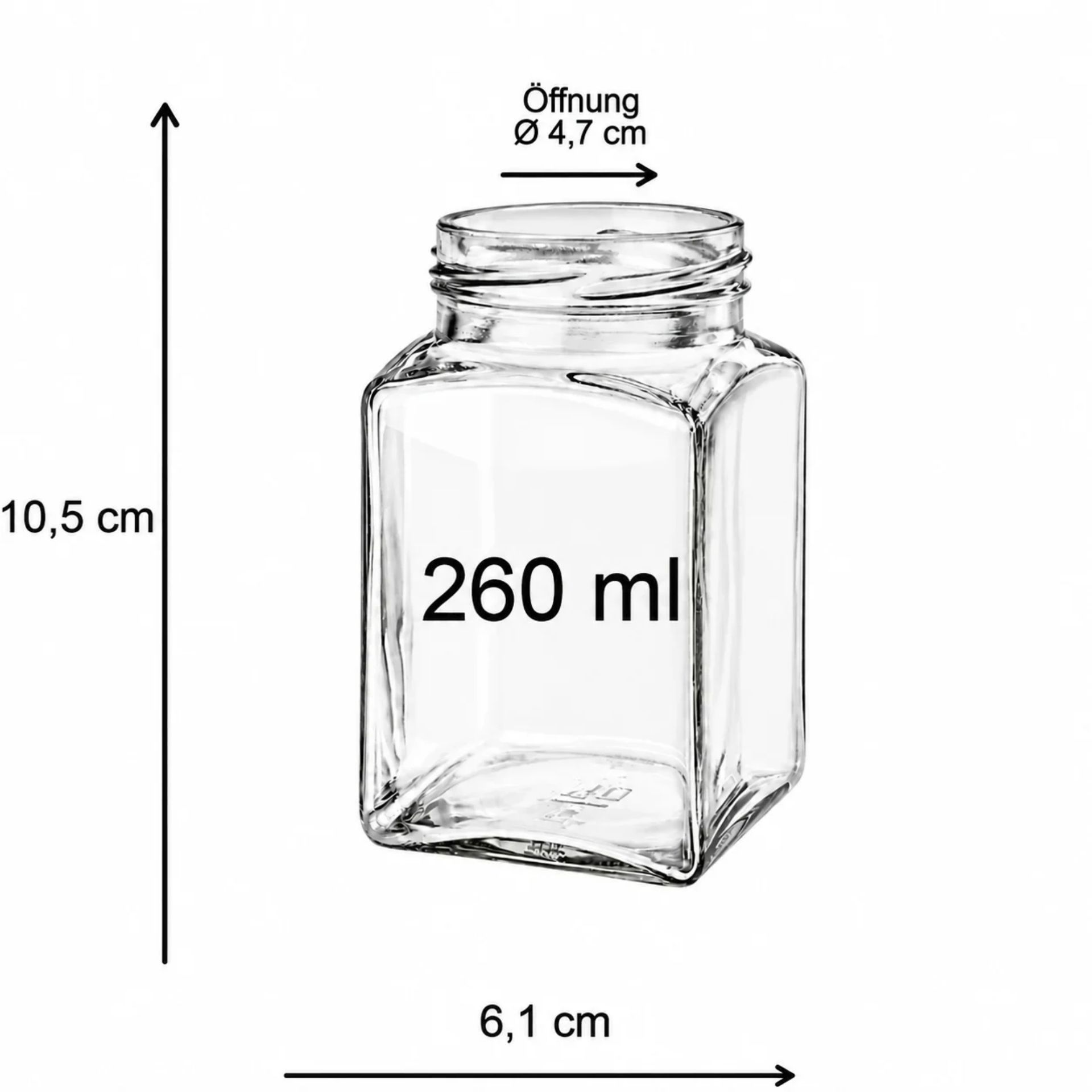 Ein quadratisches Einmachglas mit einem Fassungsvermögen von 260 ml, versehen mit einem farbigen Deckel. Ideal für die Lagerung von Marmeladen, Gewürzen oder anderen Lebensmitteln.