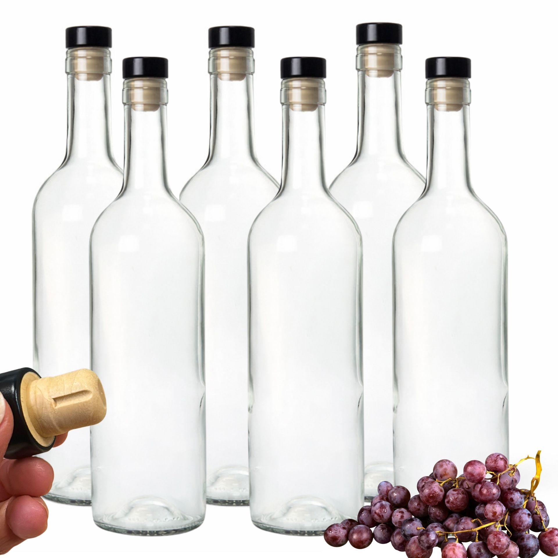 Weinflaschen Set 6x750 ml mit Korken Schwarz