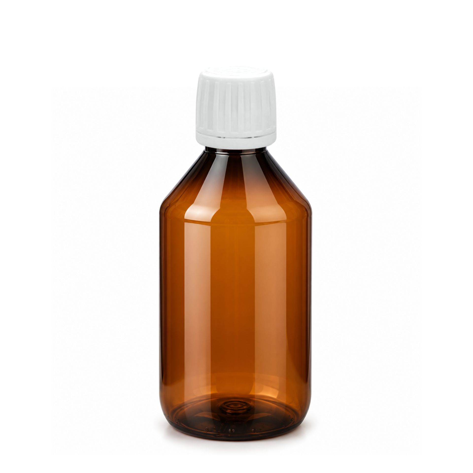 Transparente 250-ml-Apothekerflasche aus PET-Kunststoff mit weißem Ausgießverschluss und PP28-Gewinde, stehend vor weißem Hintergrund.