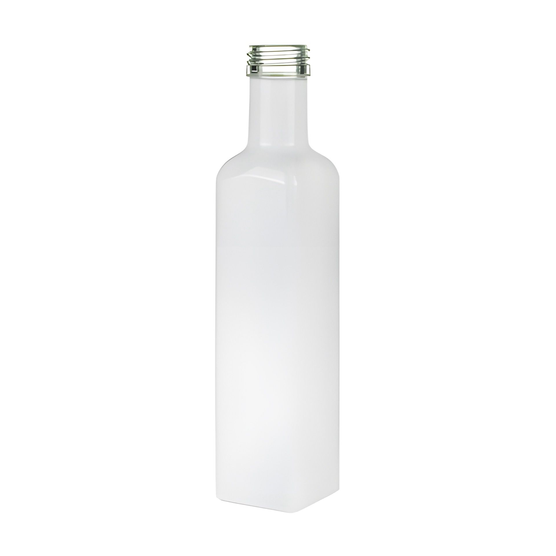Leere, weiße Edelstahlflasche mit silbernem Schraubverschluss vor neutralem Hintergrund.