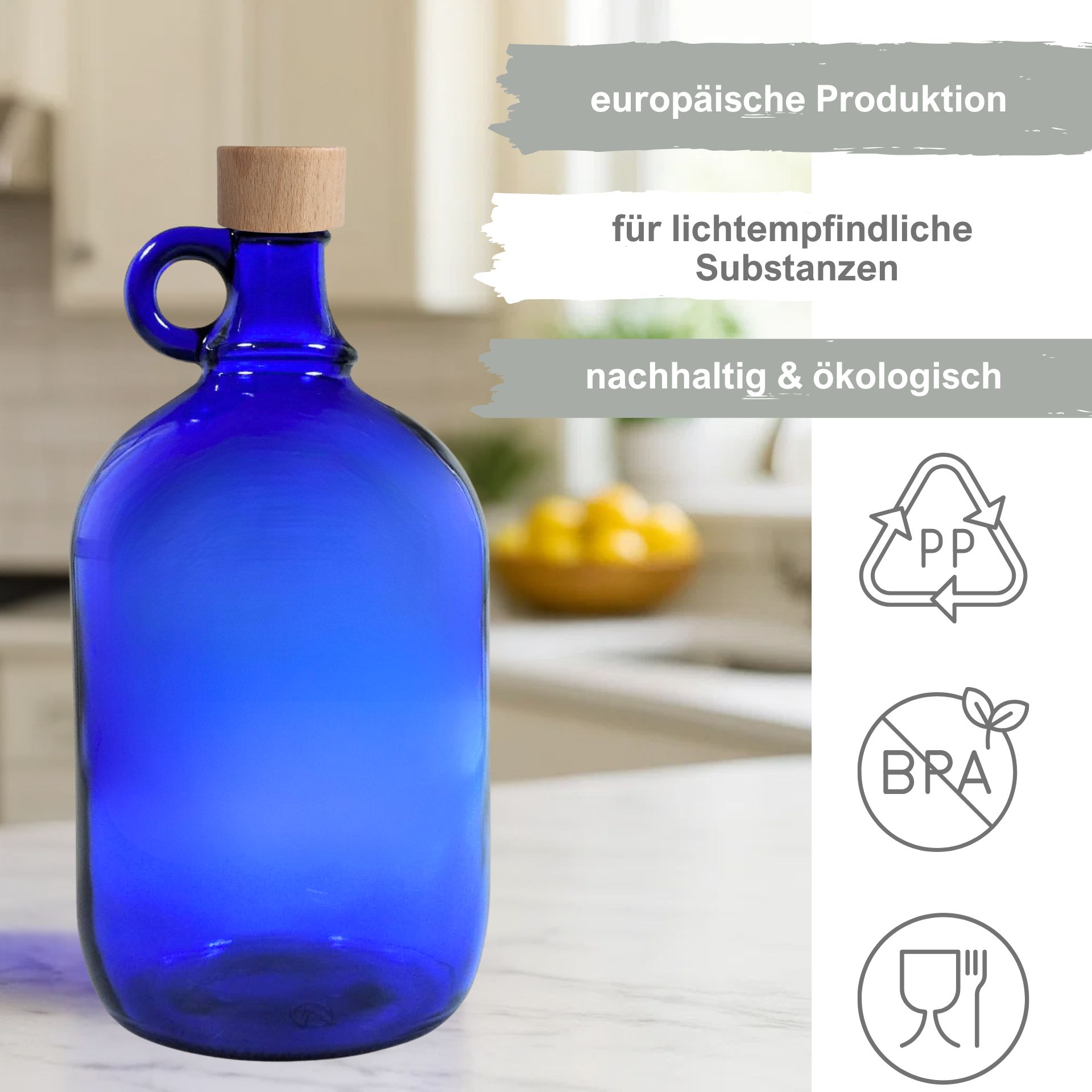 Glasflasche 2000 ml Henkelflasche blau
