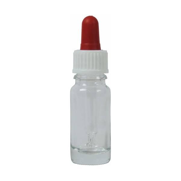 Bild einer Pipettenflasche mit 10 ml Fassungsvermögen, ideal zum genauen Dosieren von Flüssigkeiten, auf einer weißen Hintergrundfläche dargestellt. Die Flasche hat einen schwarzen Schraubverschluss mit integrierter Pipette, was sie perfekt für Anwendunge