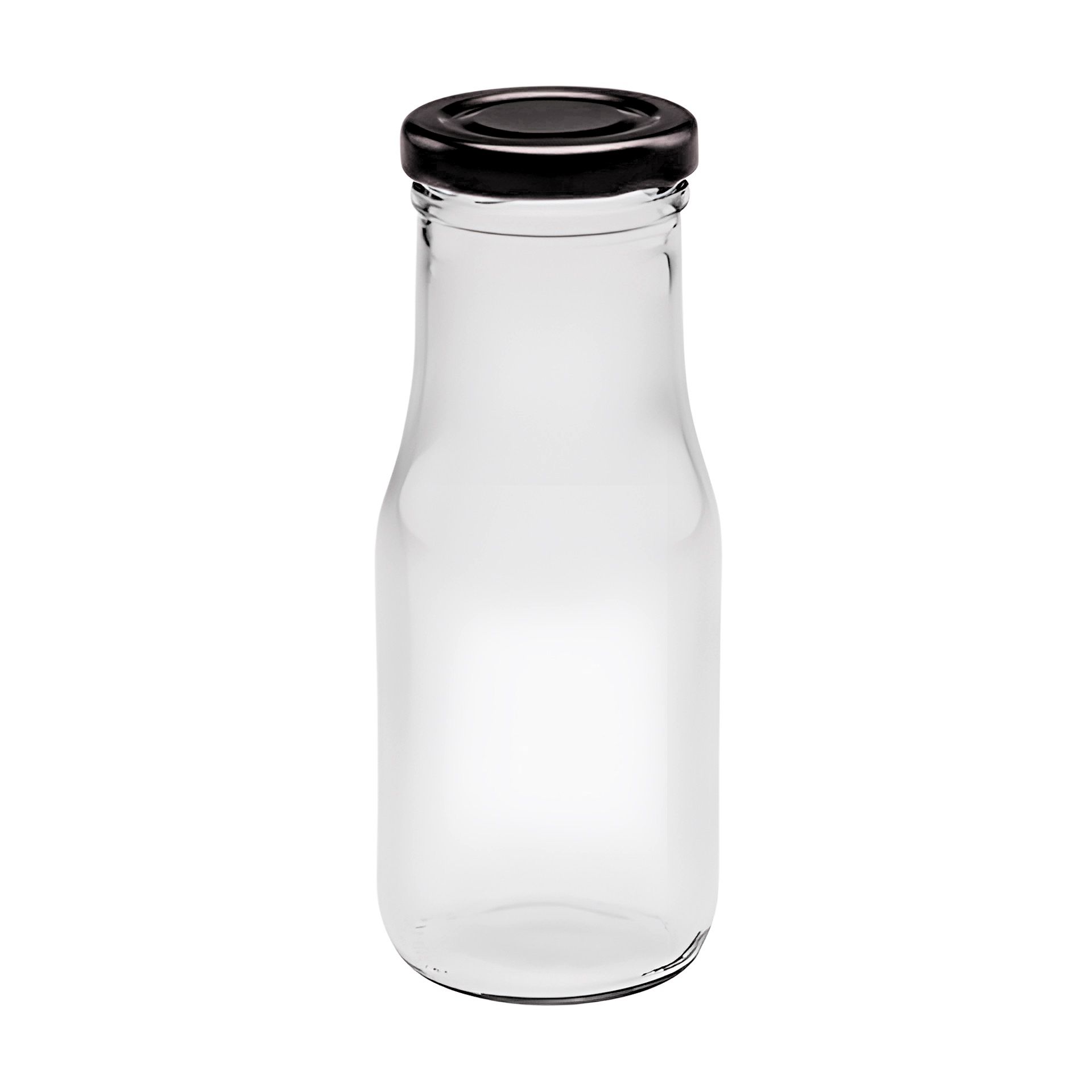 Leere 250-ml-Glasflasche in Milchflaschenform mit klarem Glas, schmalem Hals und leicht ausgestelltem Boden vor weißem Hintergrund.