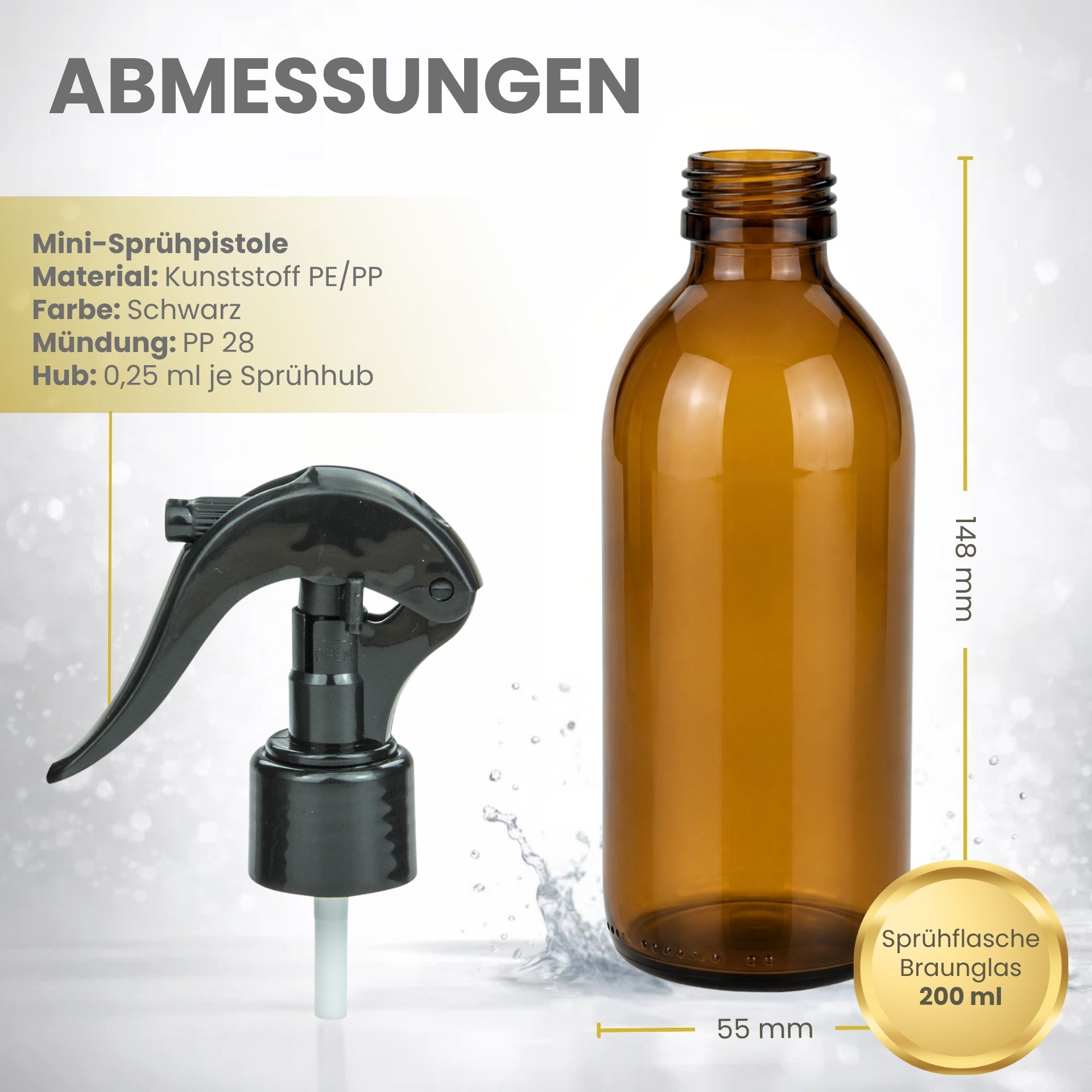 Sprühflasche  200 ml Glas braun mit Trigger