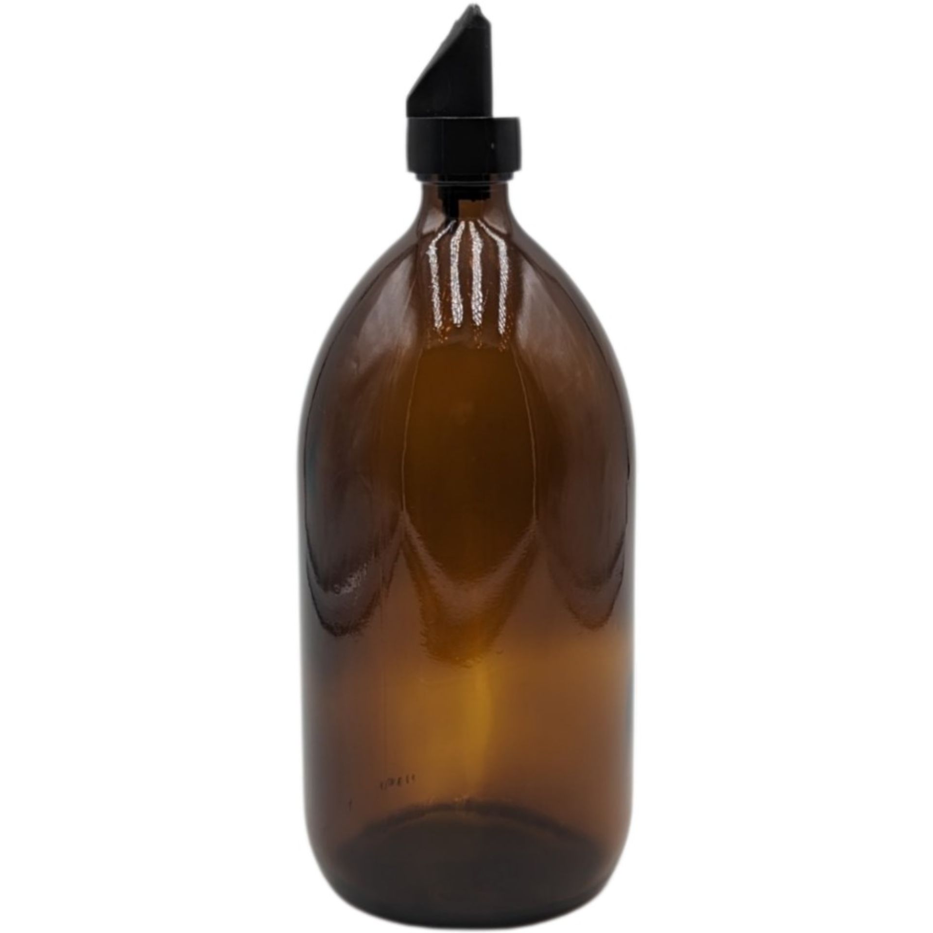 Klare Glasflasche mit 1000 ml Fassungsvermögen, zylindrische Form, enger Hals und ohne Etikett, vor weißem Hintergrund.